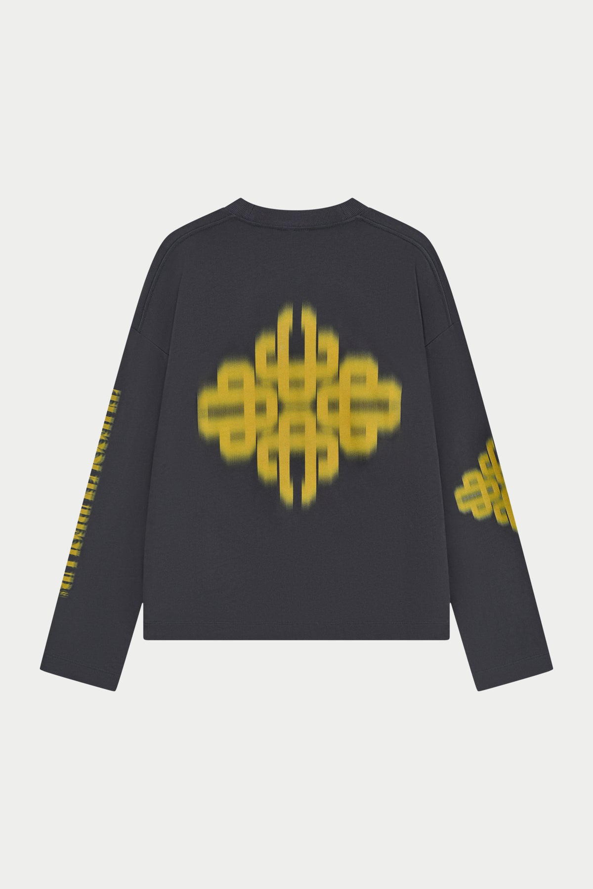 Motion Blurred Long Sleeve T-Shirt in Charcoal/Yellow – back flat lay showing the blurred emblem graphic