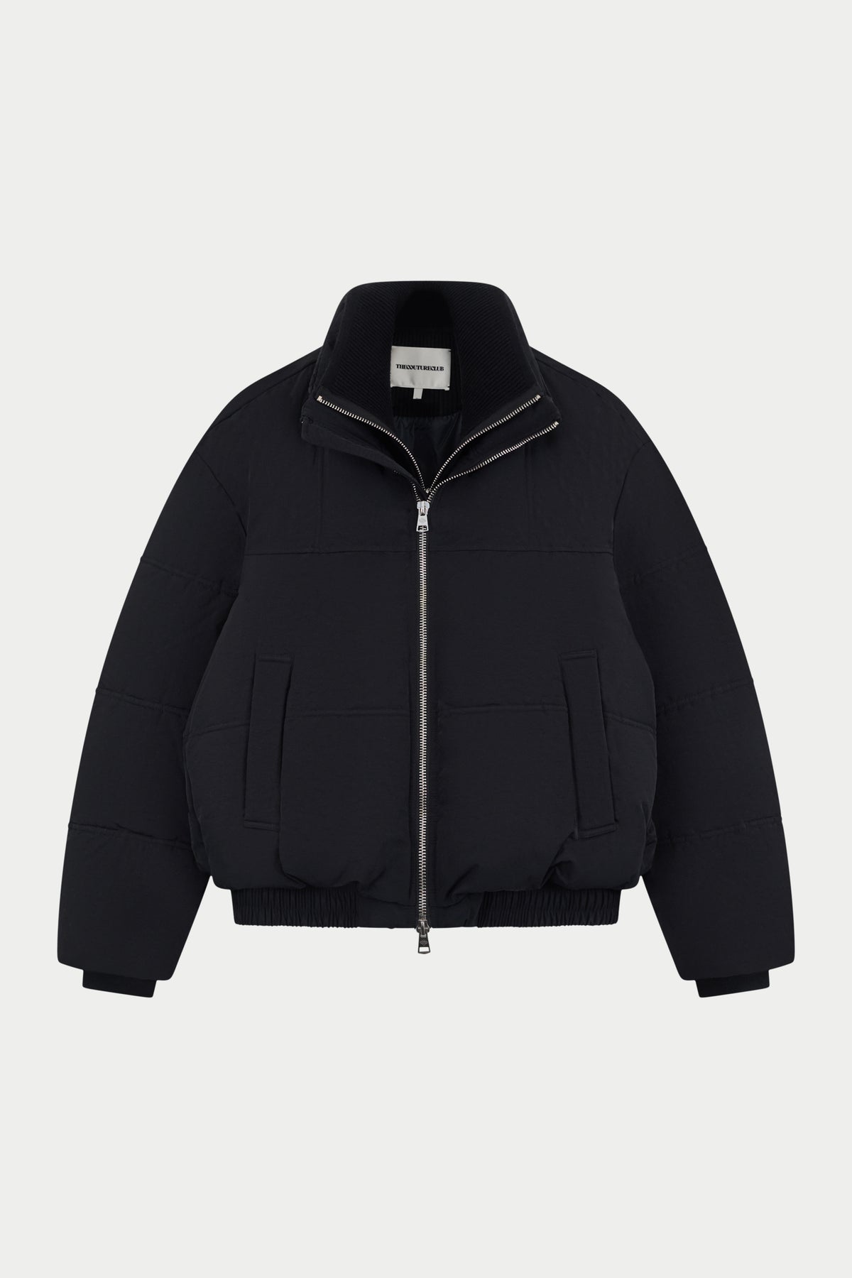 KNITTED PANEL PUFFER COAT - BLACK