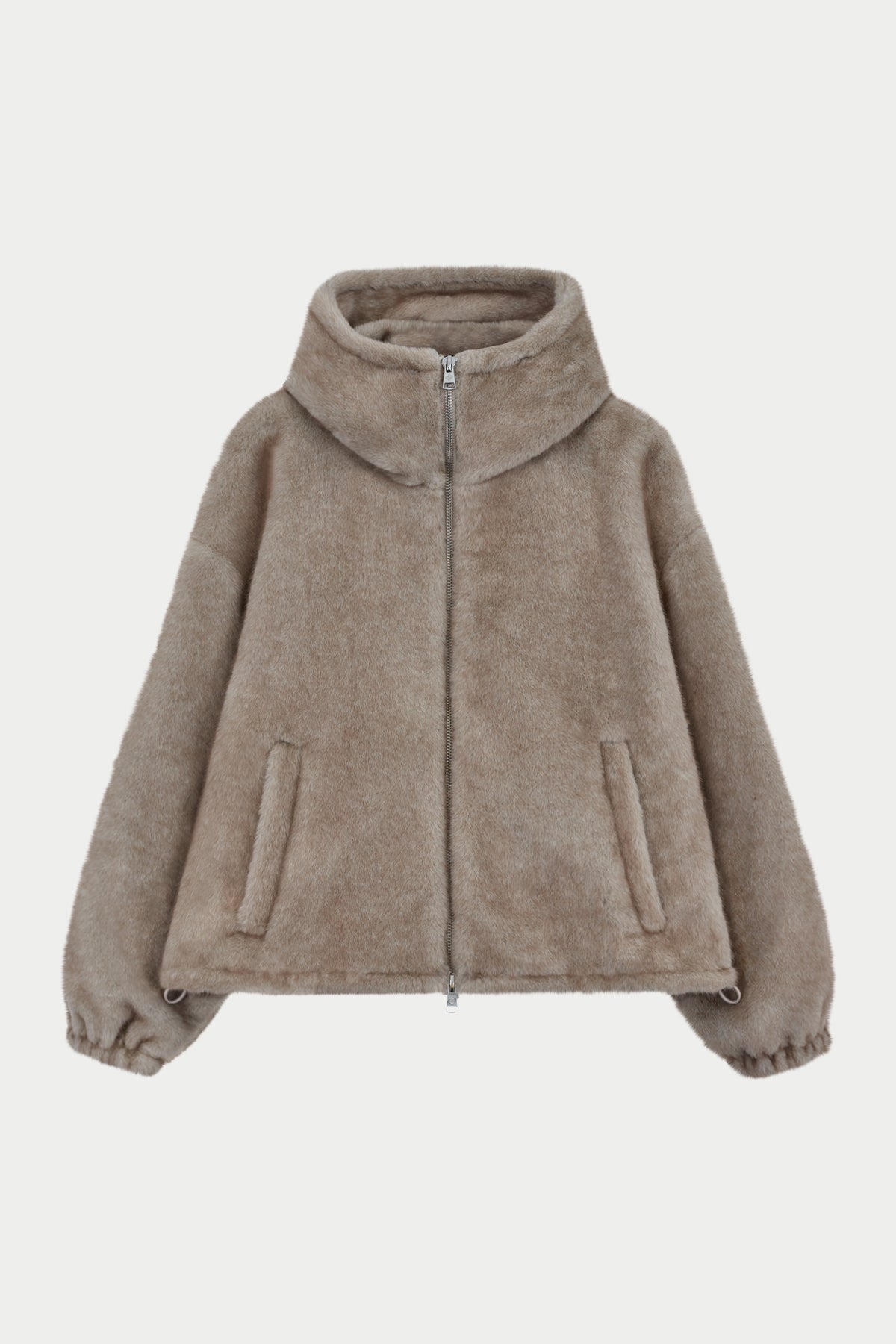 Faux Fur Hooded Jacket in Beige – front flat lay