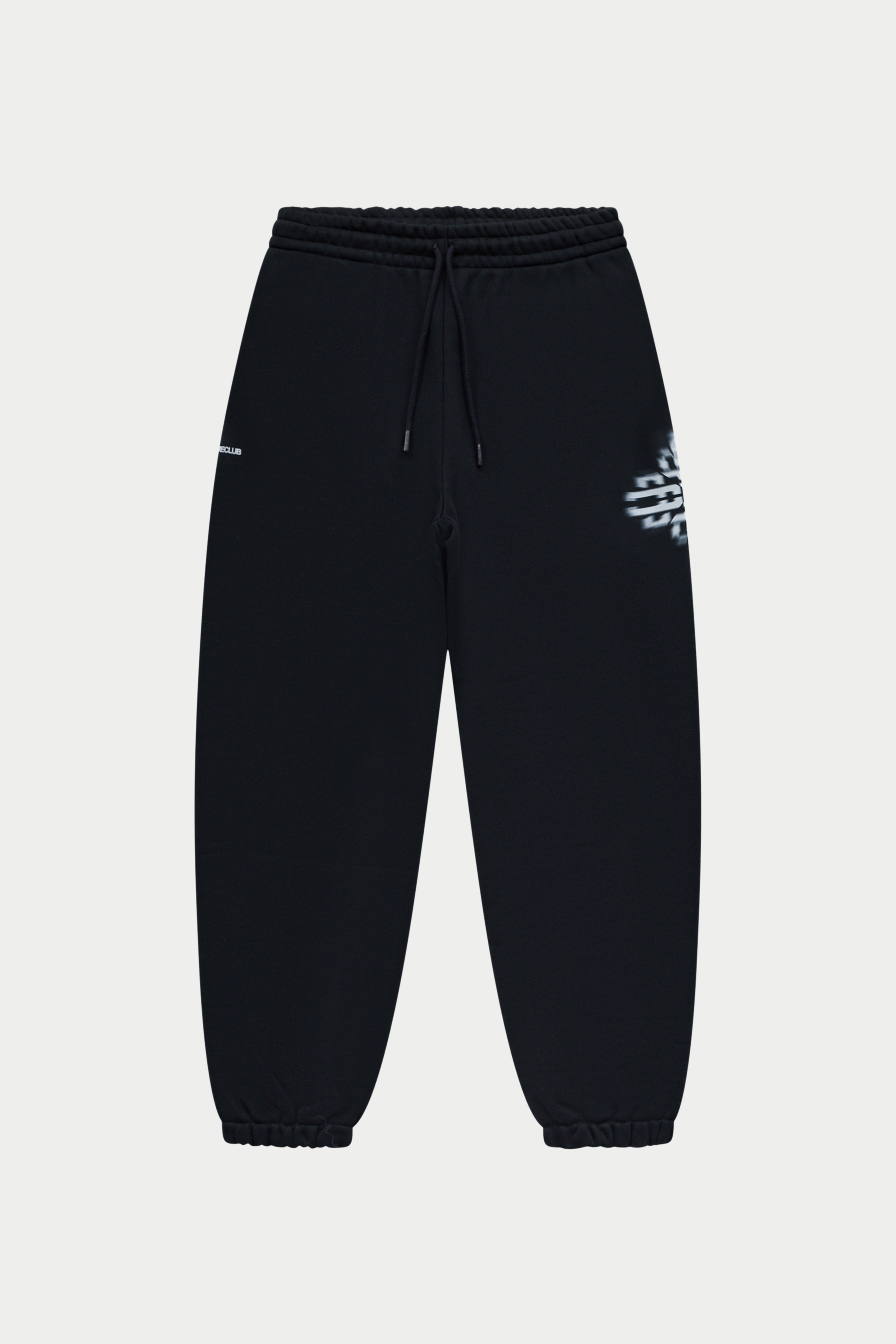 Black sweatpants with a logo on a white background