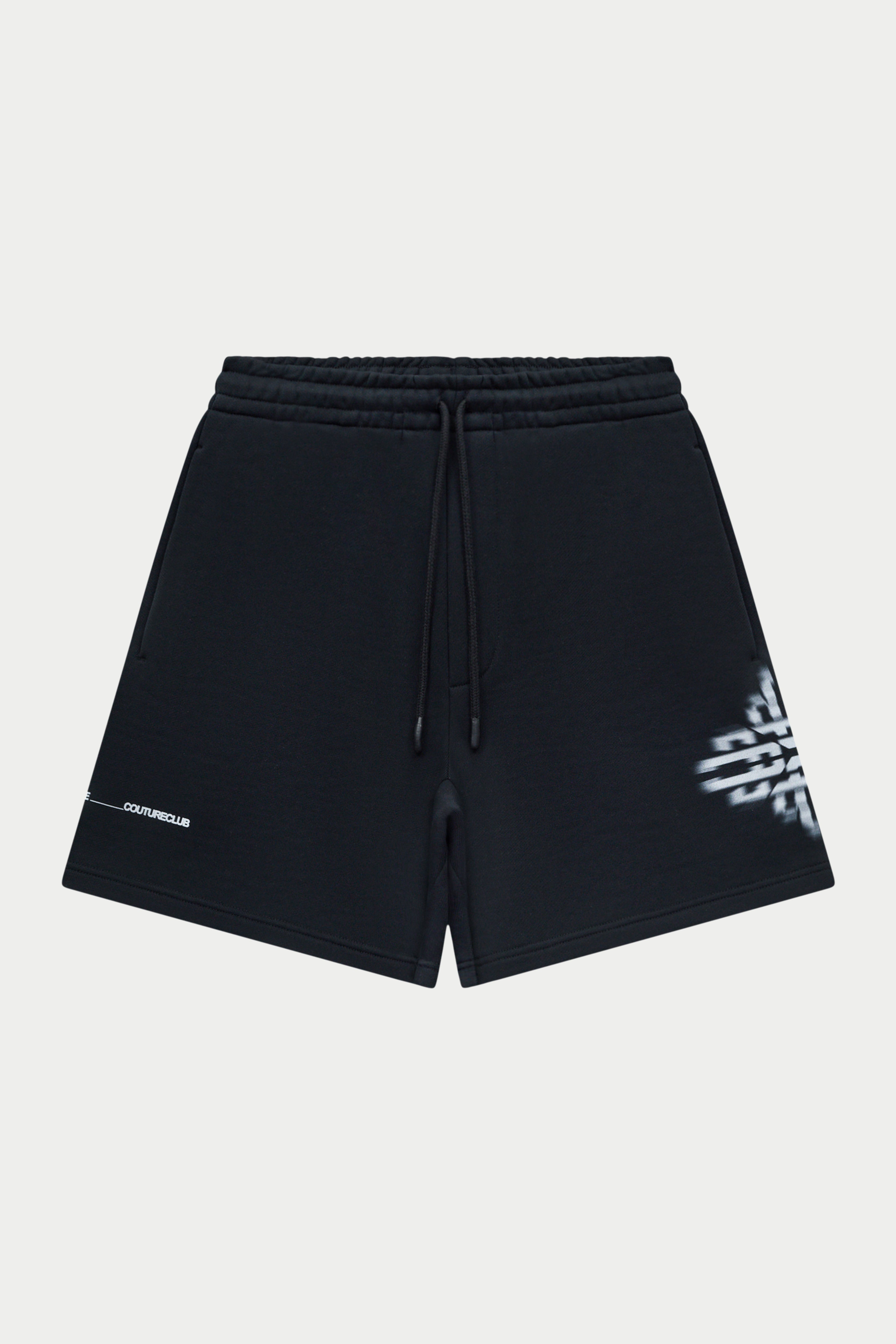 Black shorts with white text on a white background