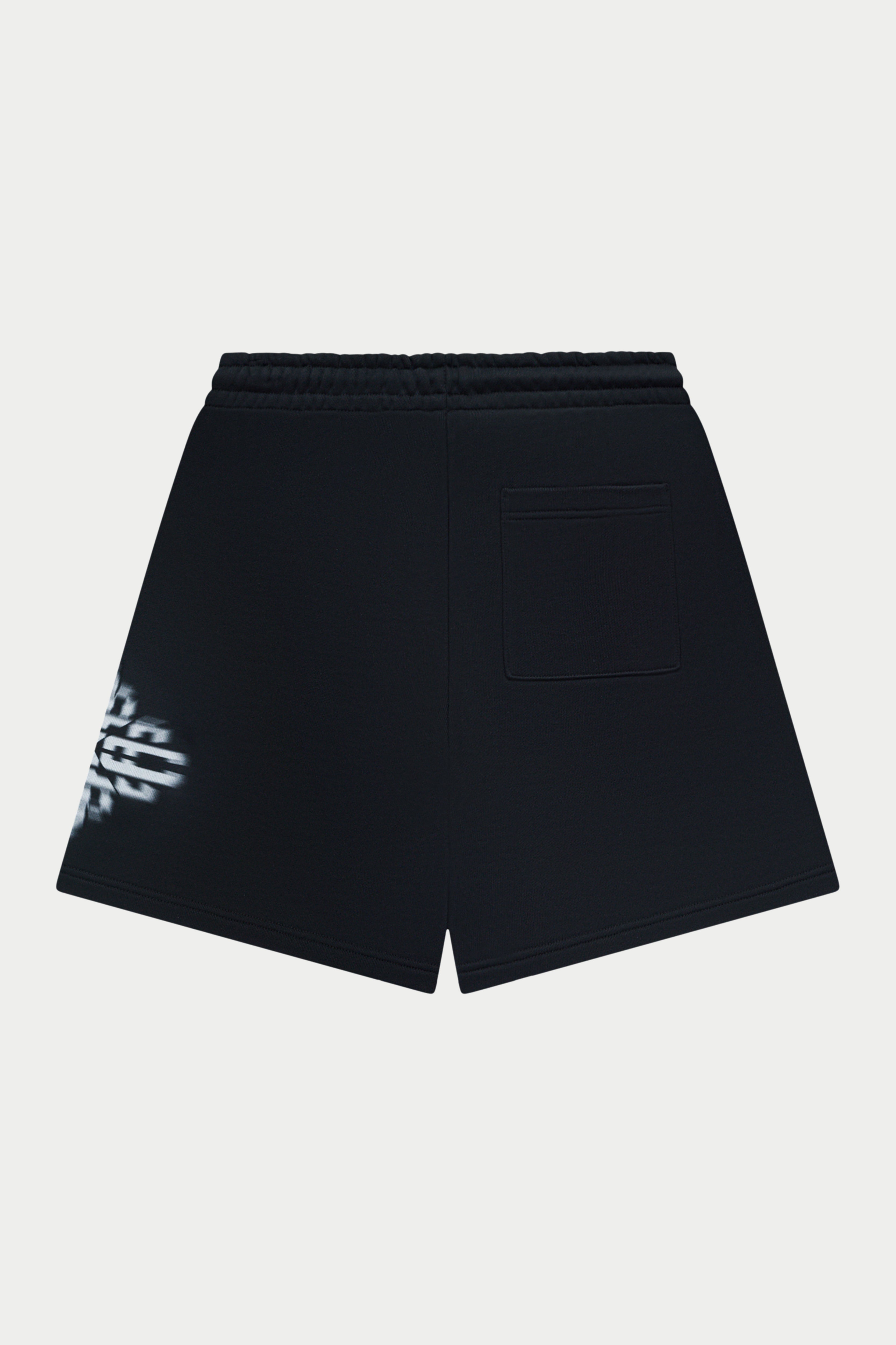 Black shorts with a small white logo on a white background