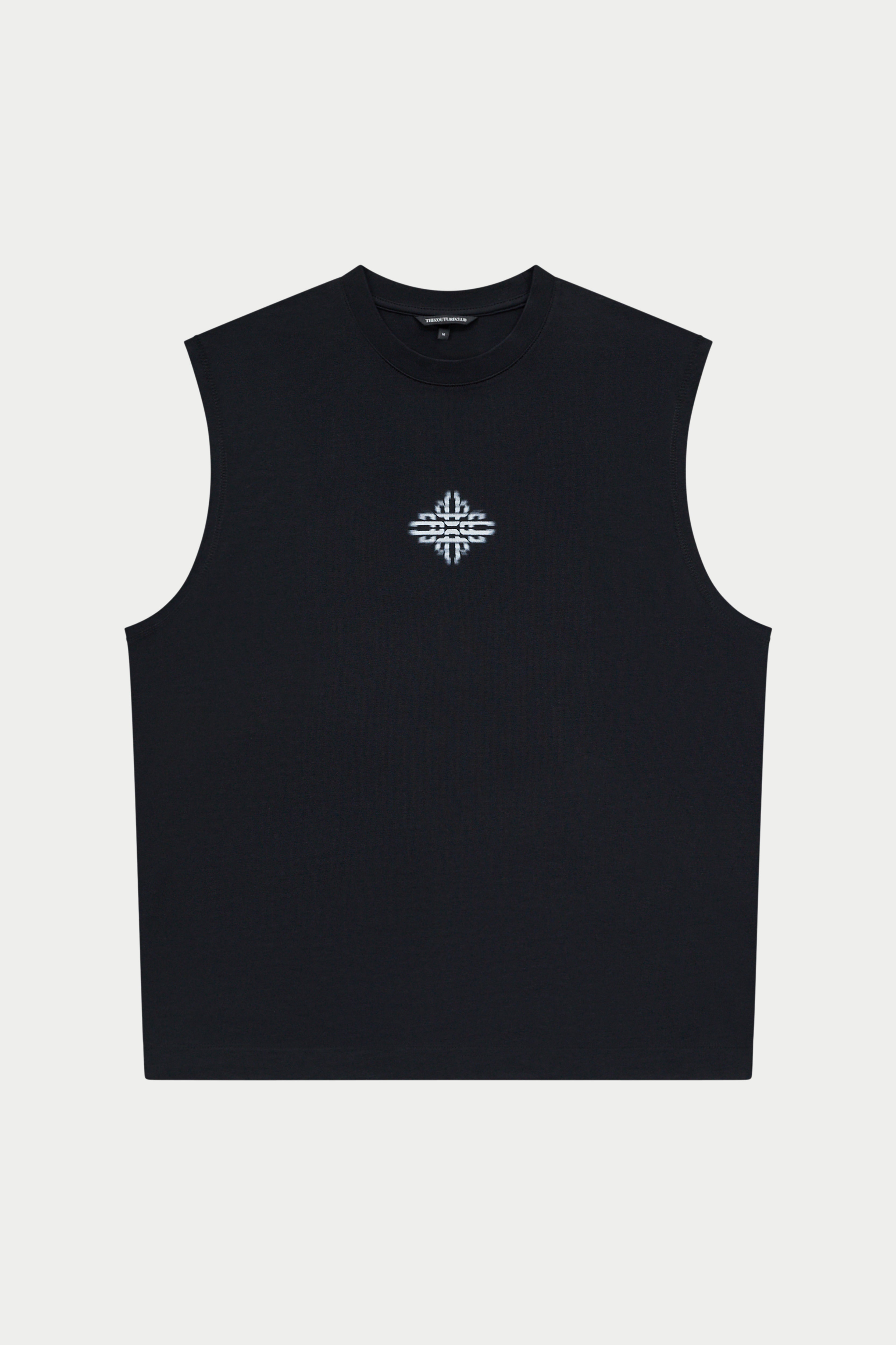 Black vest with a white logo on a white background