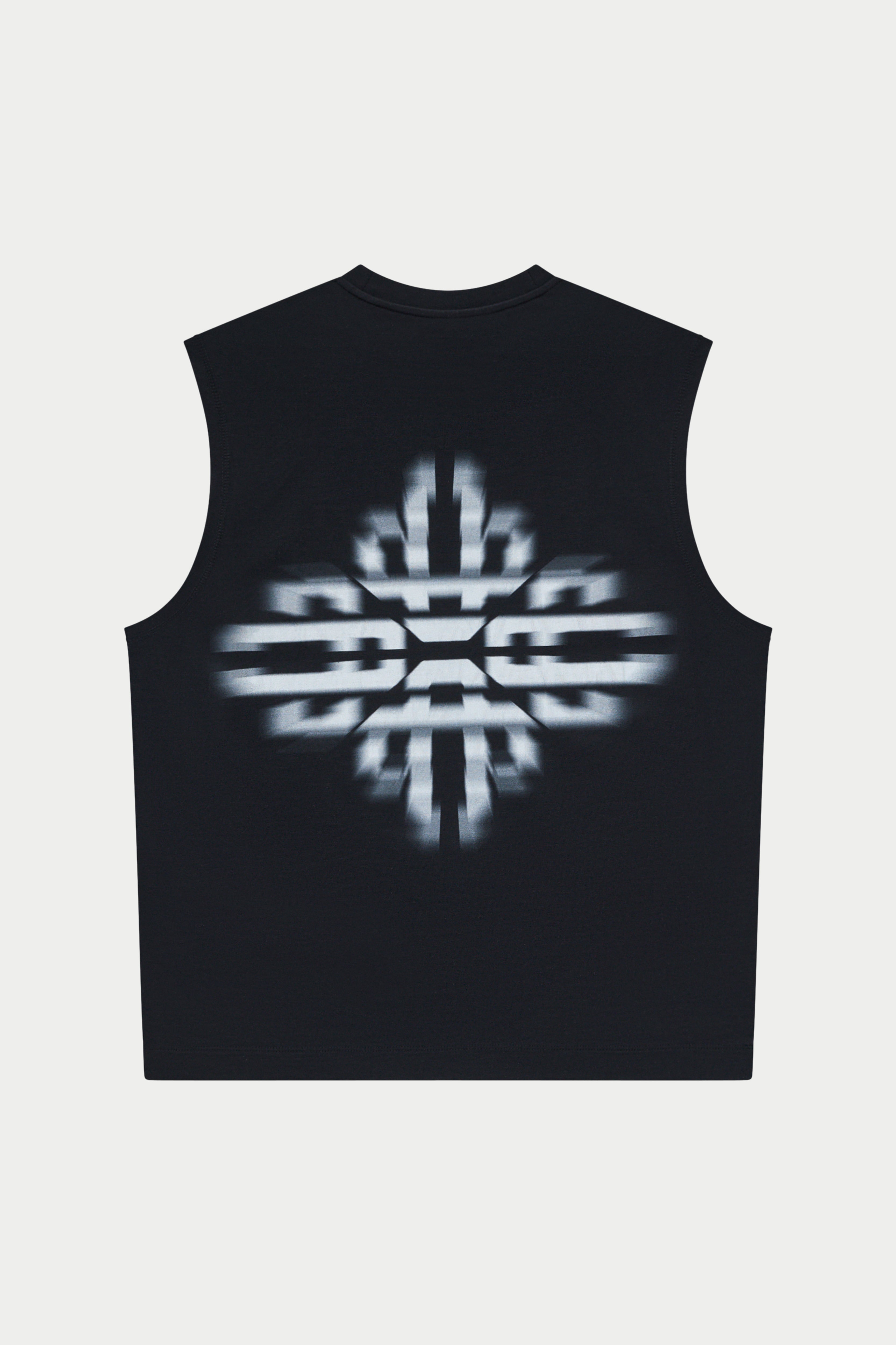 Black vest with a reflective white design on a white background