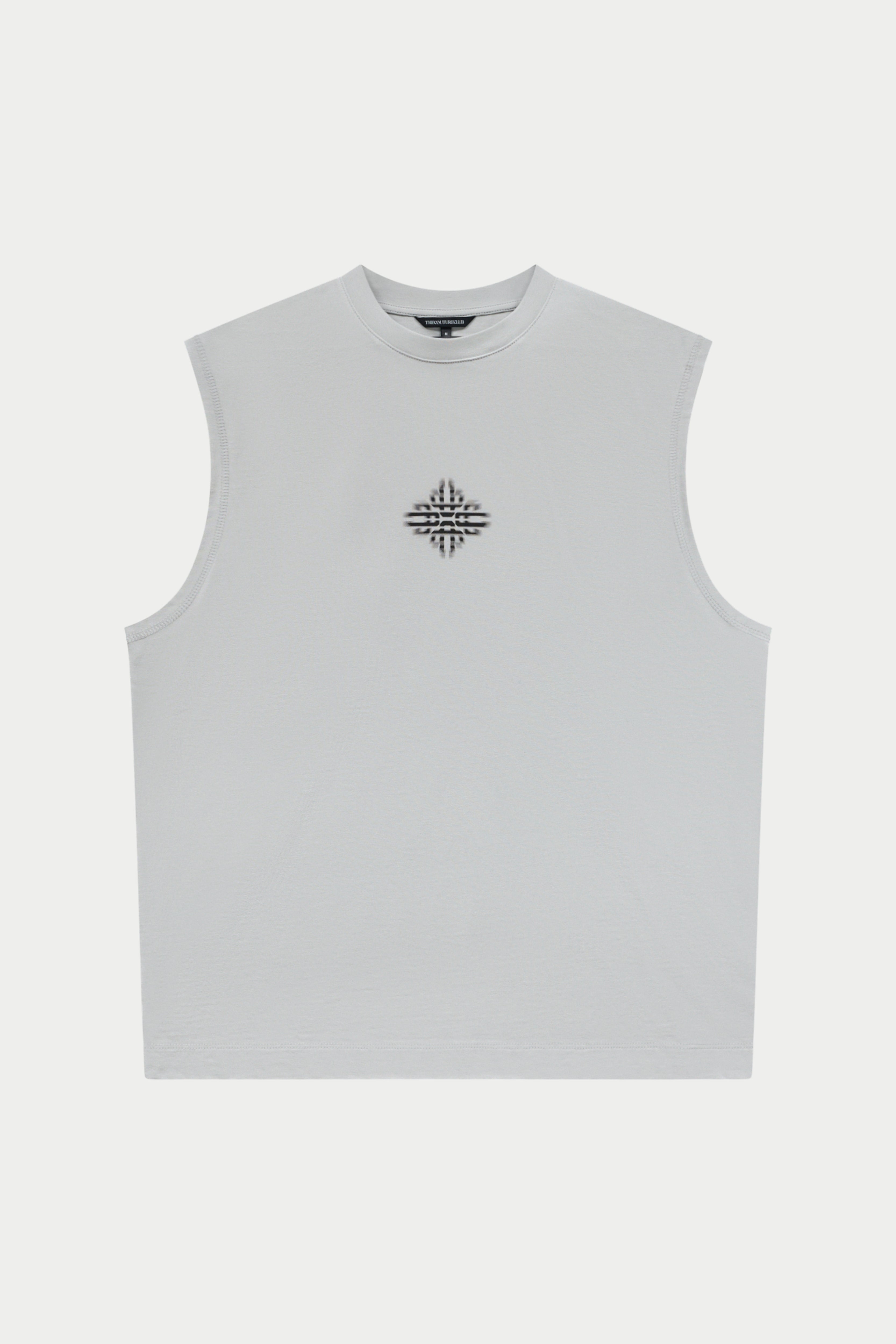 White sleeveless shirt with a black logo on a white background