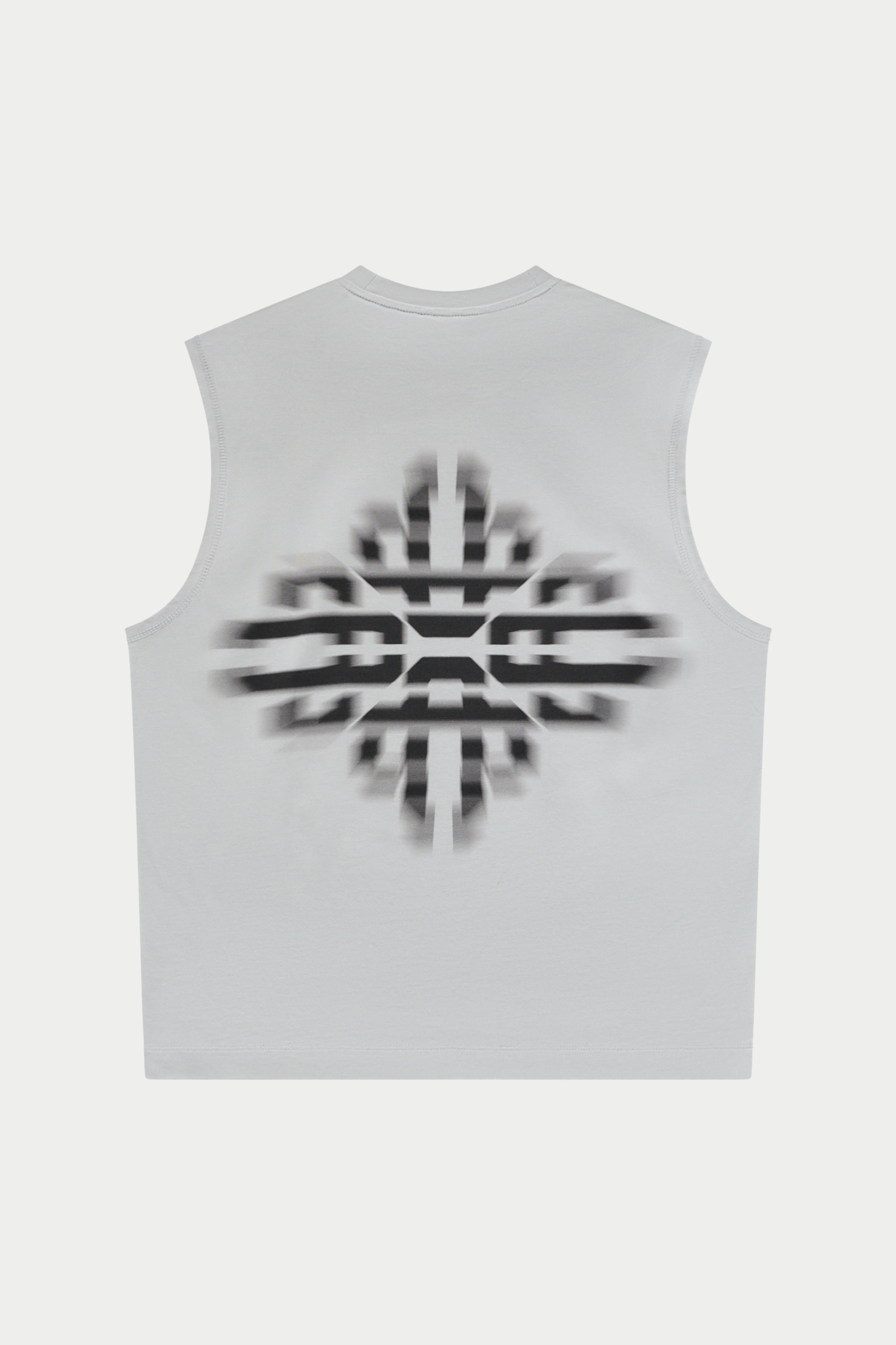 White sleeveless vest with black abstract logo design on a white background