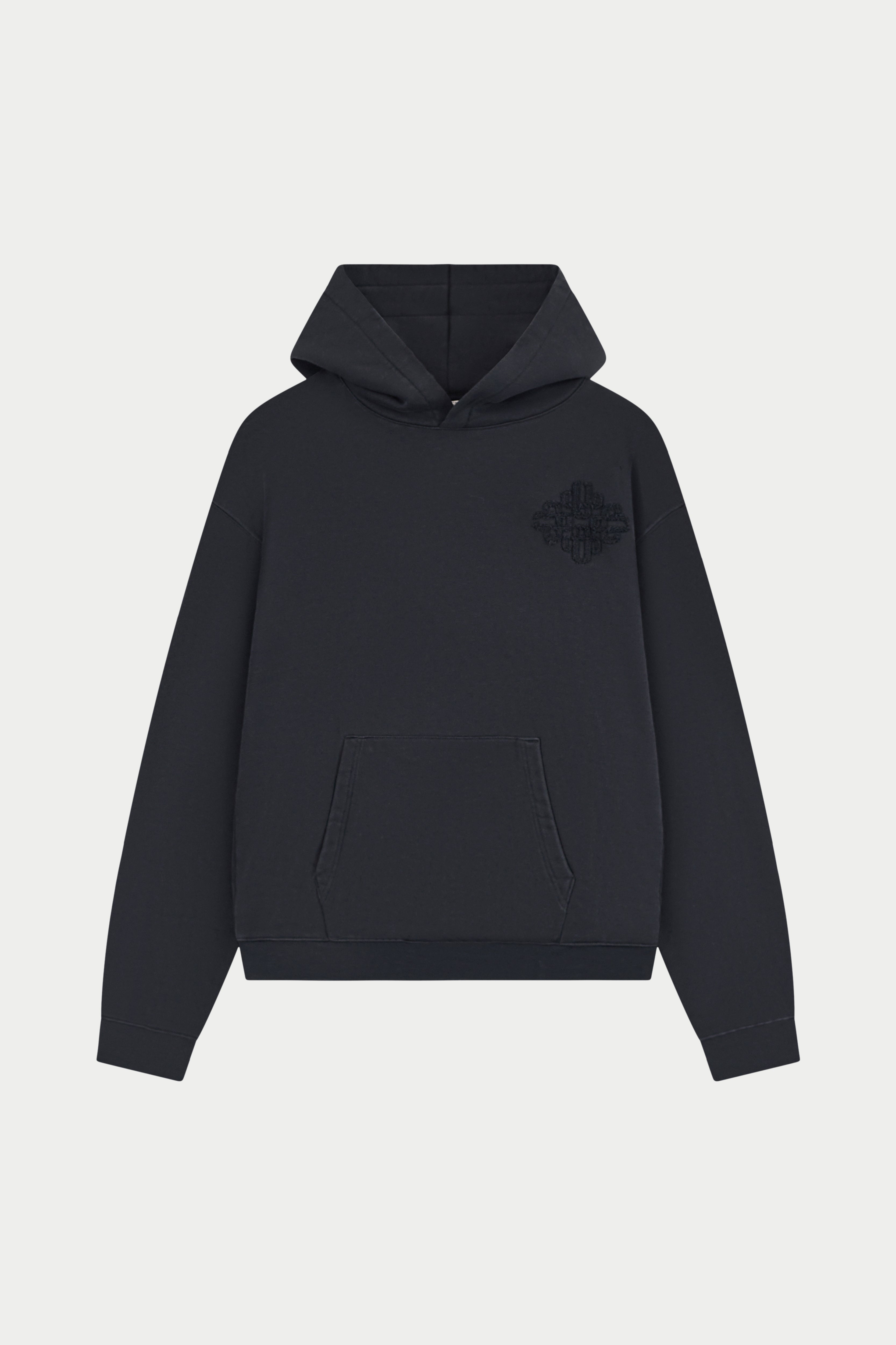DISTRESSED EMBLEM APPLIQUE HOODIE - BLACK