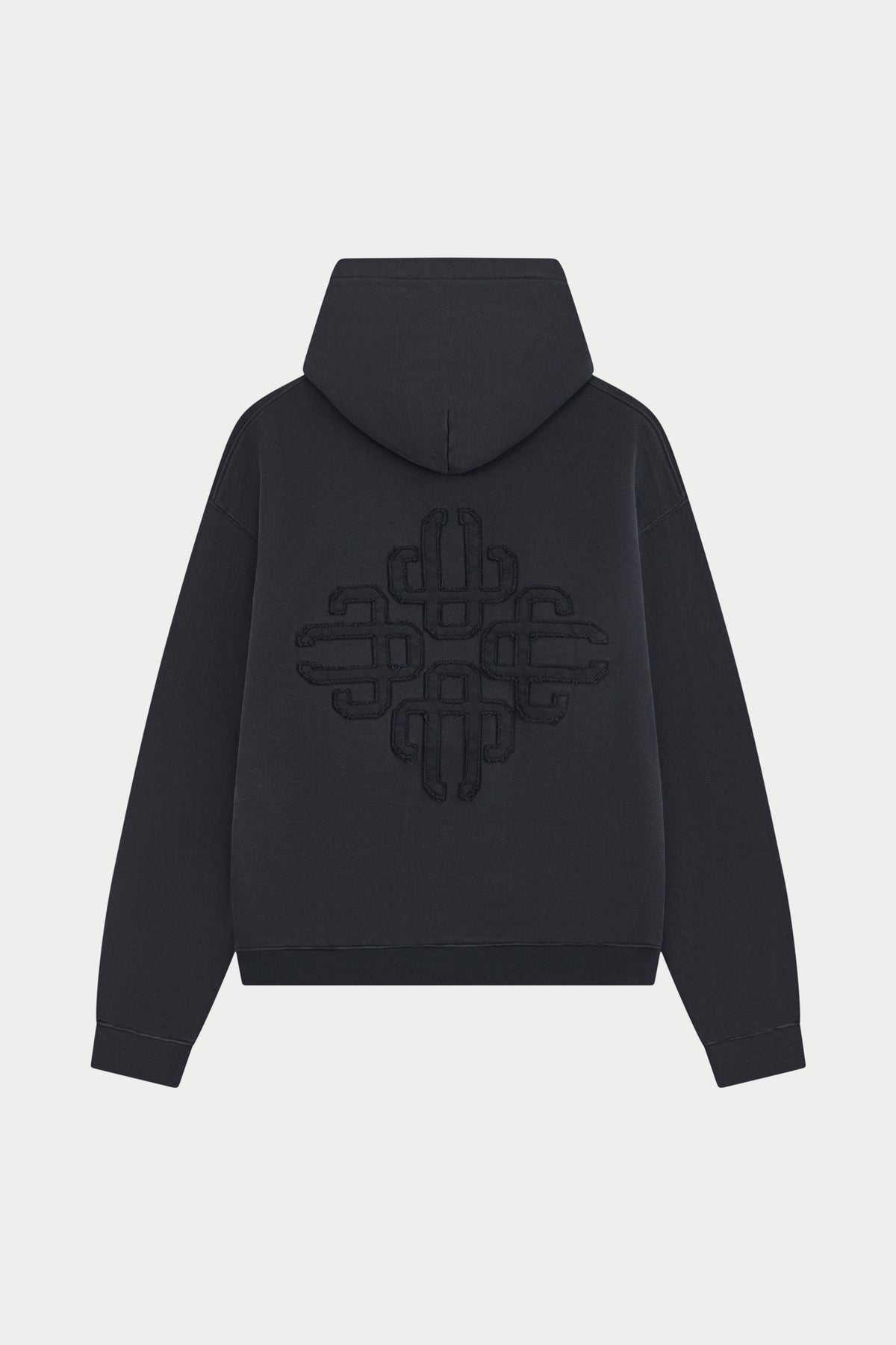 DISTRESSED EMBLEM APPLIQUE HOODIE - BLACK