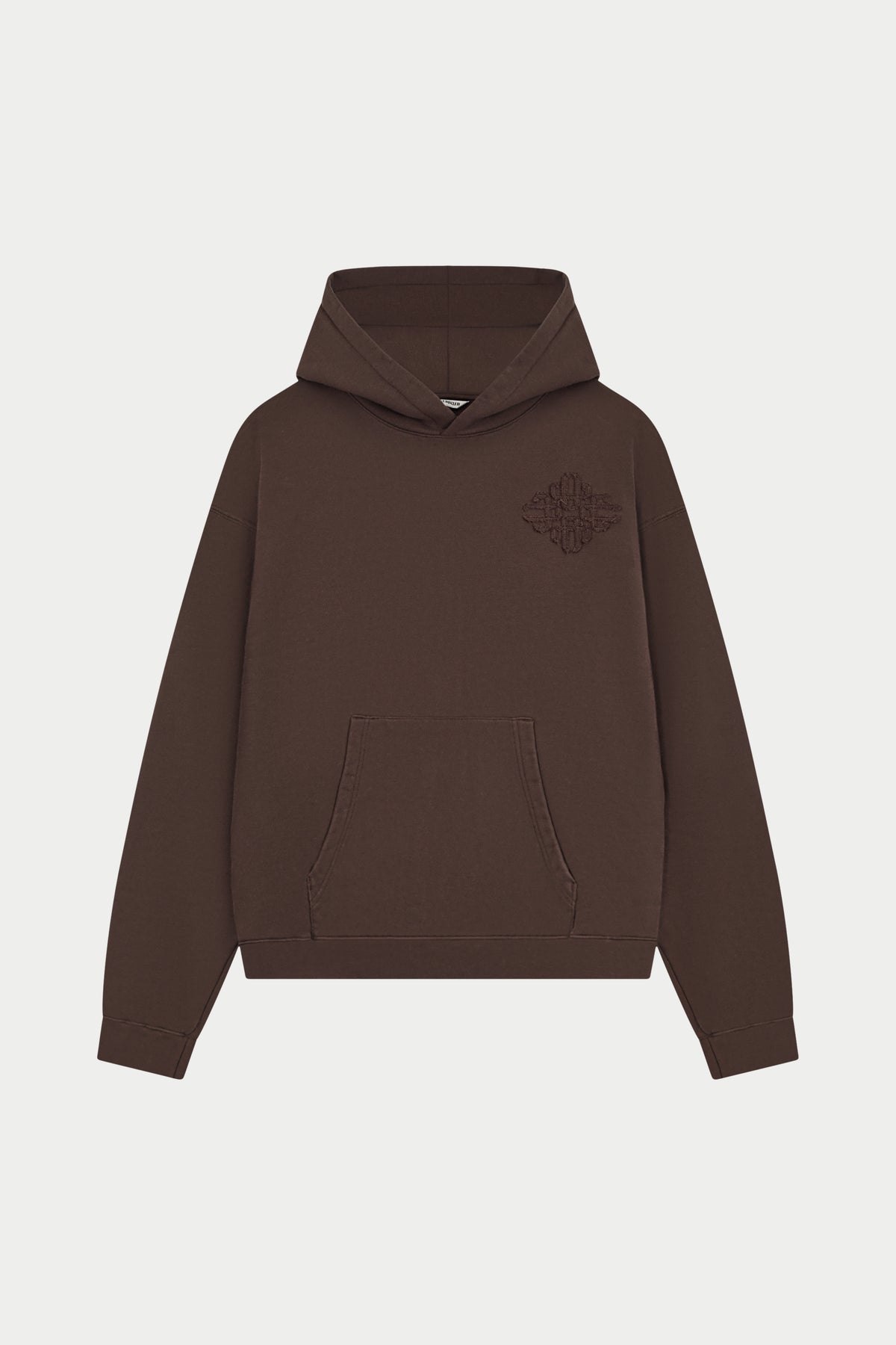DISTRESSED EMBLEM APPLIQUE HOODIE - BROWN