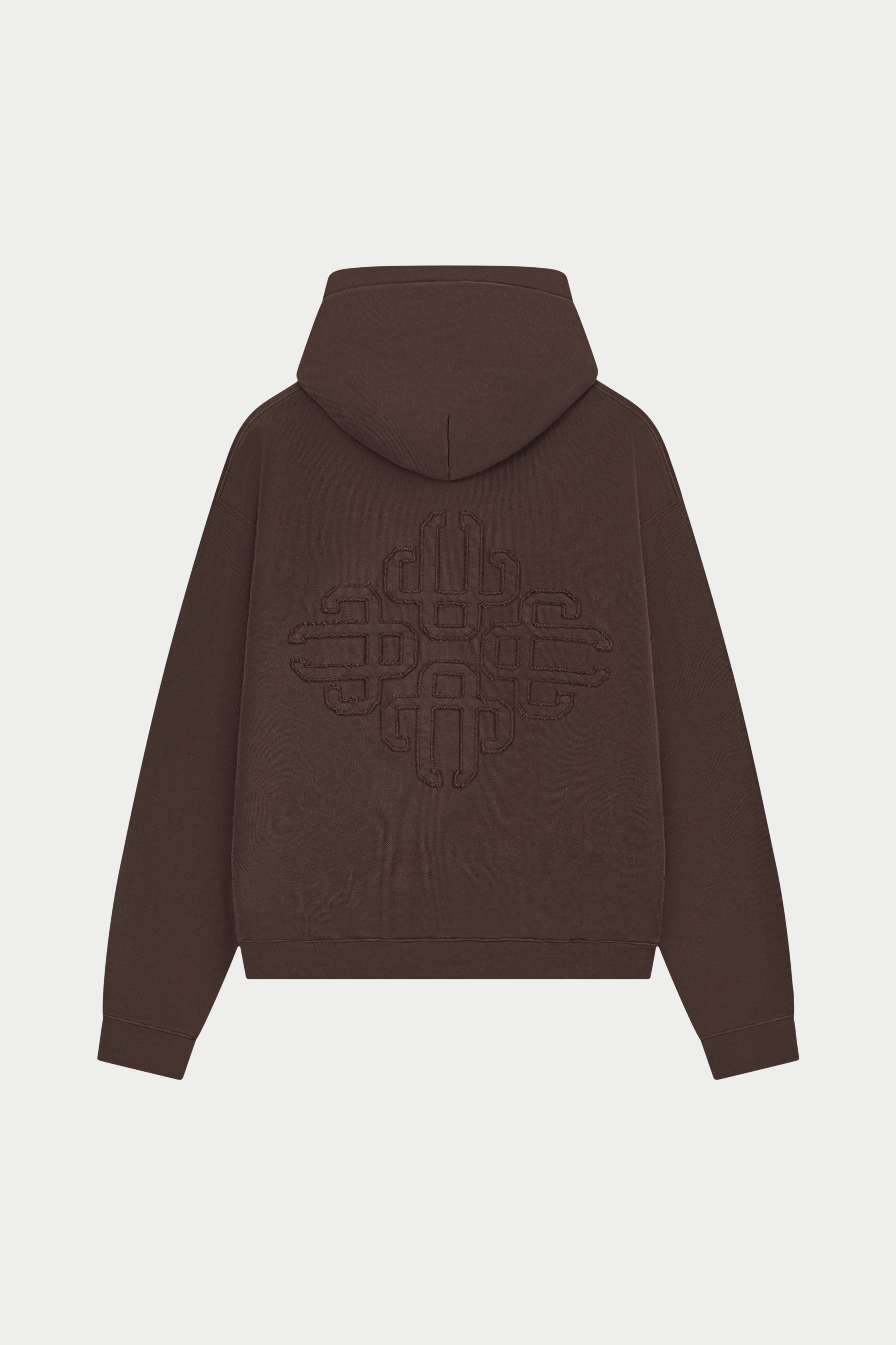 DISTRESSED EMBLEM APPLIQUE HOODIE - BROWN