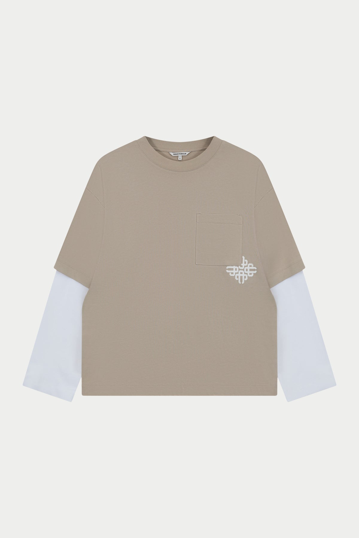 Double Layer Emblem Long Sleeve T-Shirt in Beige – front flat lay