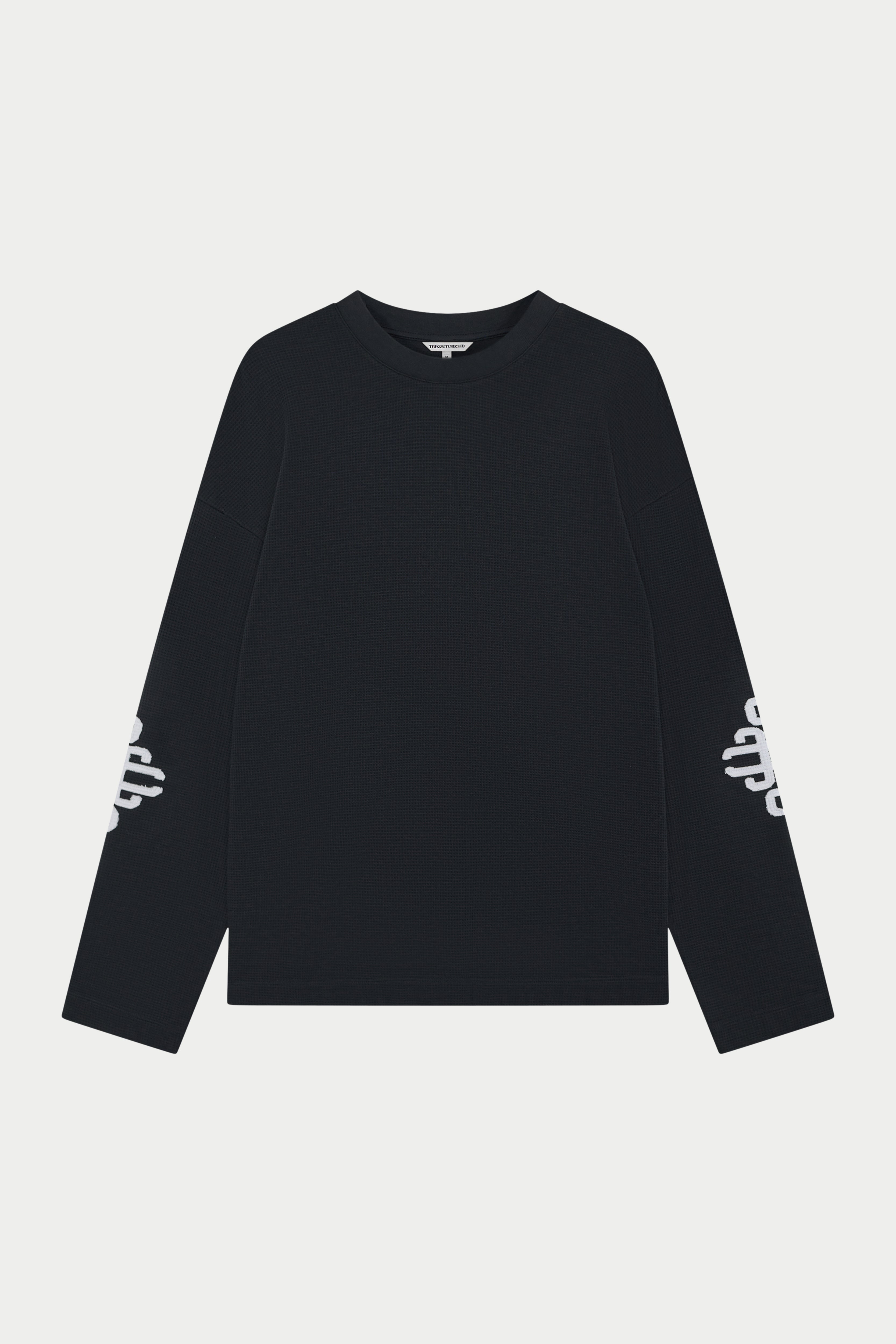 EMBLEM APPLIQUE WAFFLE LONG SLEEVE T-SHIRT - BLACK