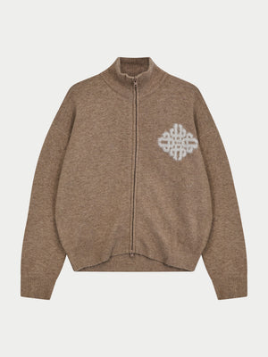 EMBLEM FLUFFY KNIT FUNNEL NECK - BEIGE
