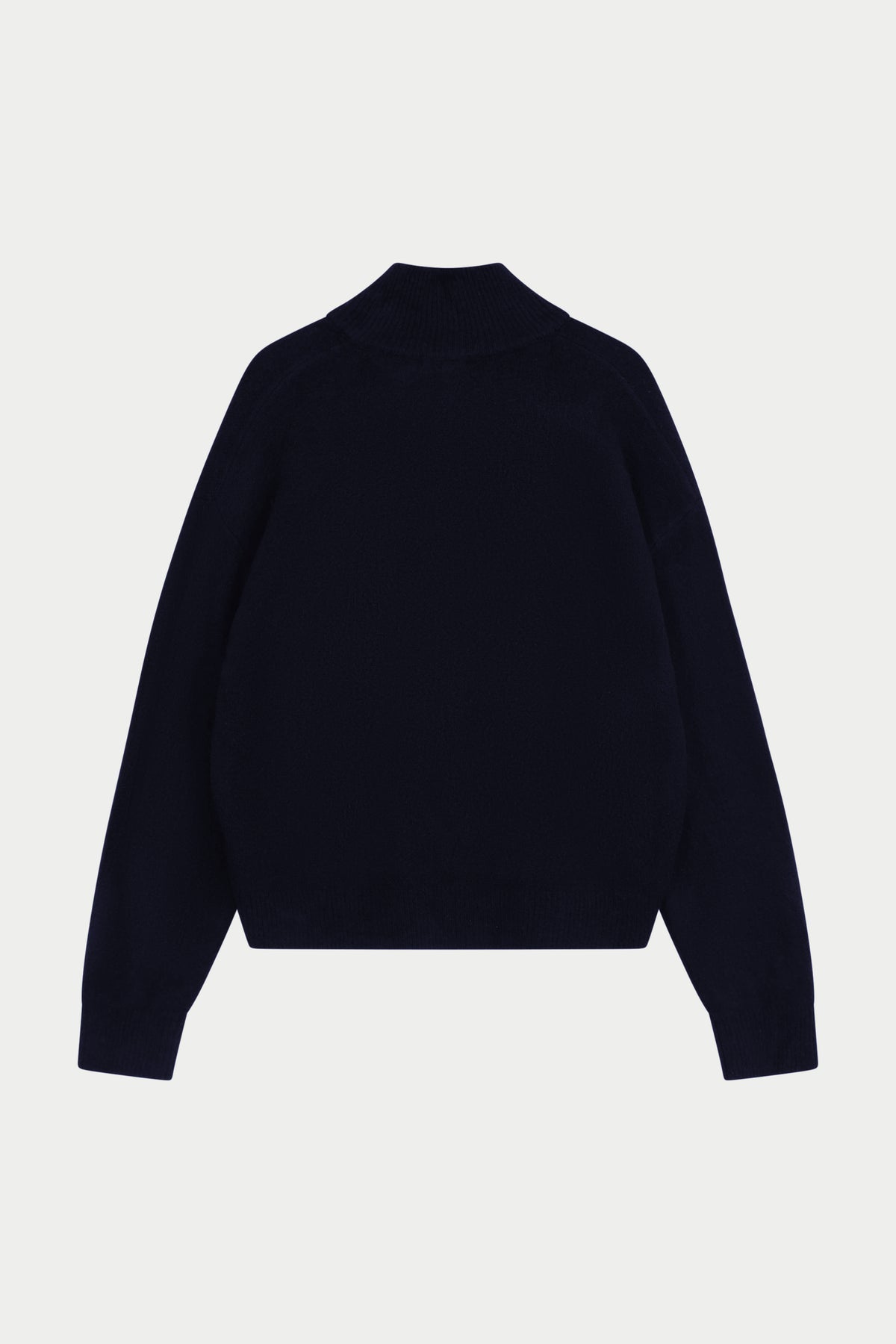 Emblem Fluffy Knit Funnel Neck in Navy – back flat lay