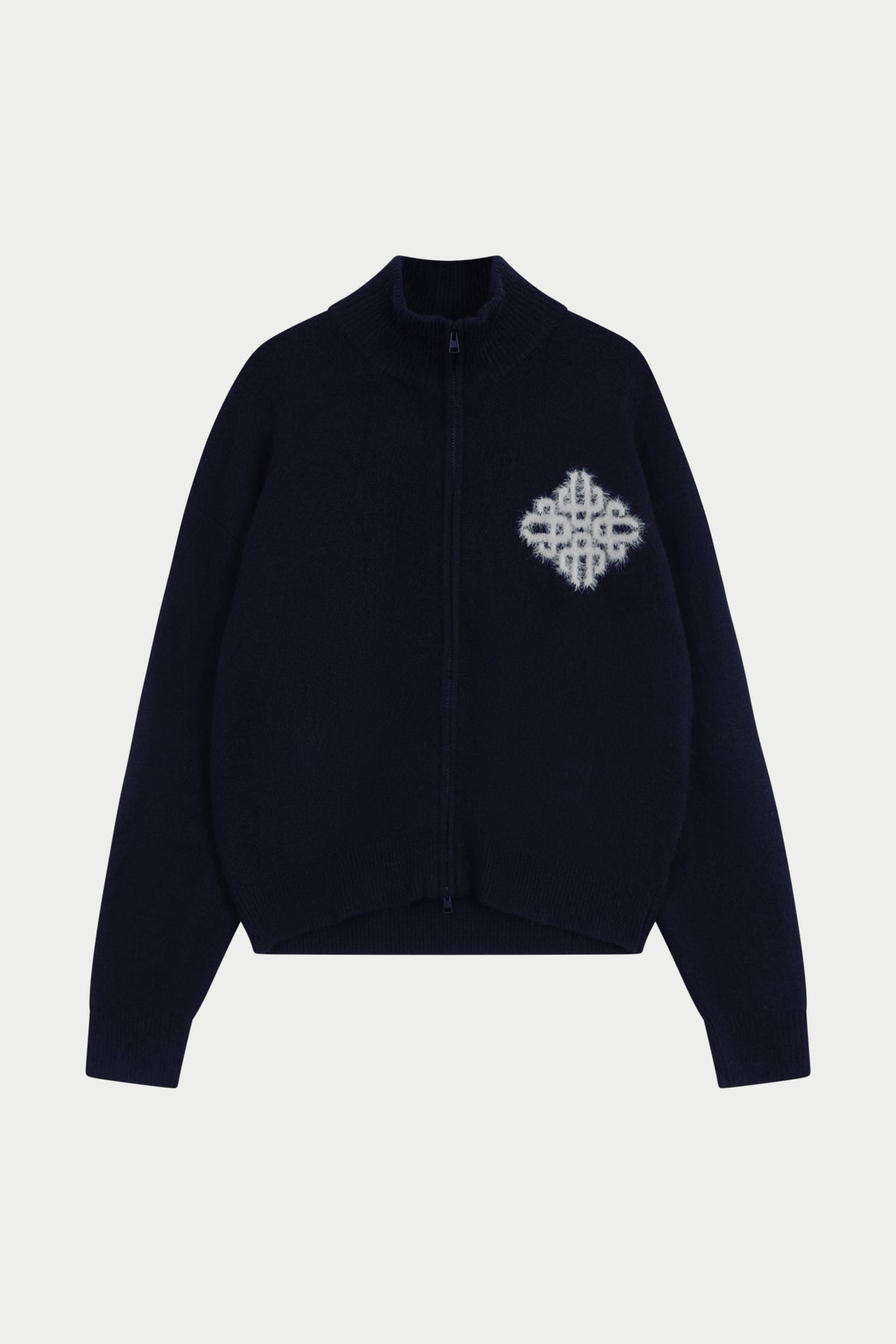 Emblem Fluffy Knit Funnel Neck in Navy – front flat lay showing the fluffy emblem