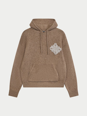 EMBLEM FLUFFY KNIT HOODIE - BEIGE