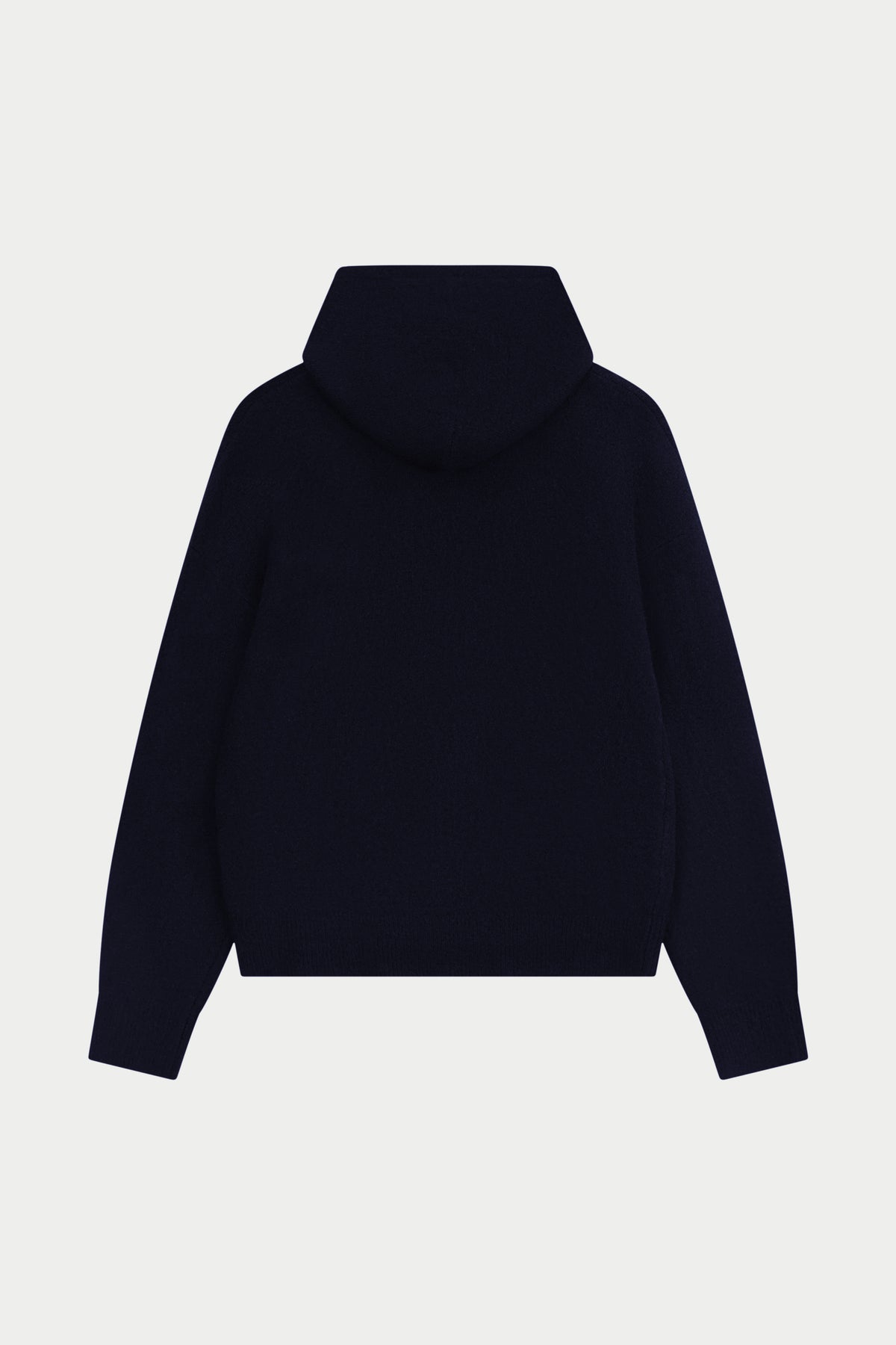 Emblem Fluffy Knit Hoodie in Navy – back flat lay
