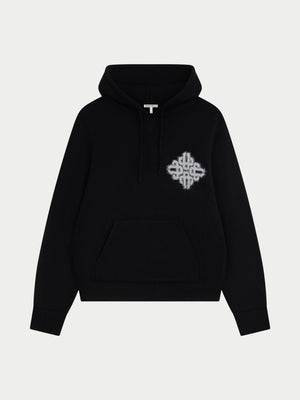 EMBLEM FLUFFY KNIT HOODIE - BLACK
