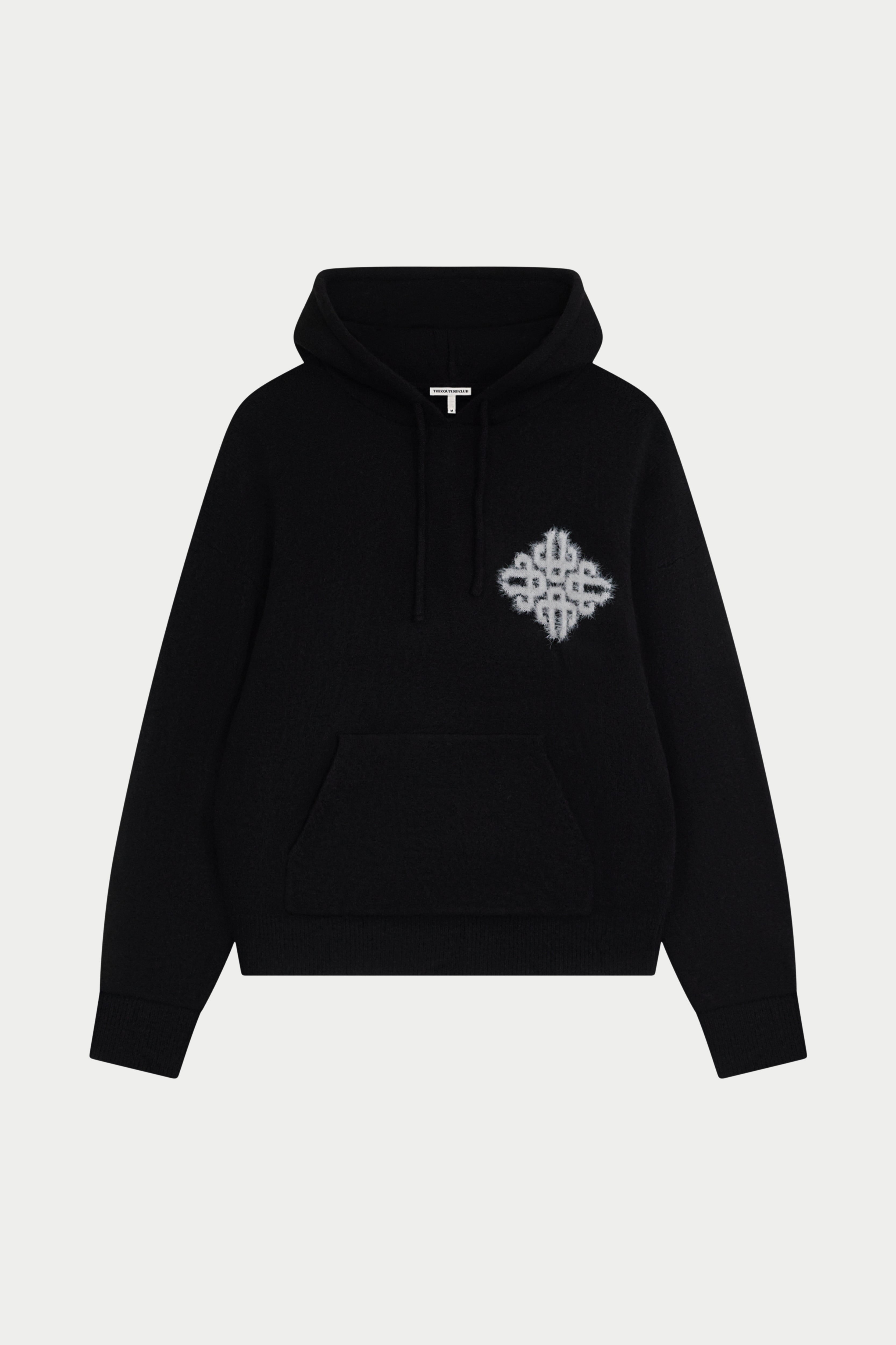 EMBLEM FLUFFY KNIT HOODIE - BLACK
