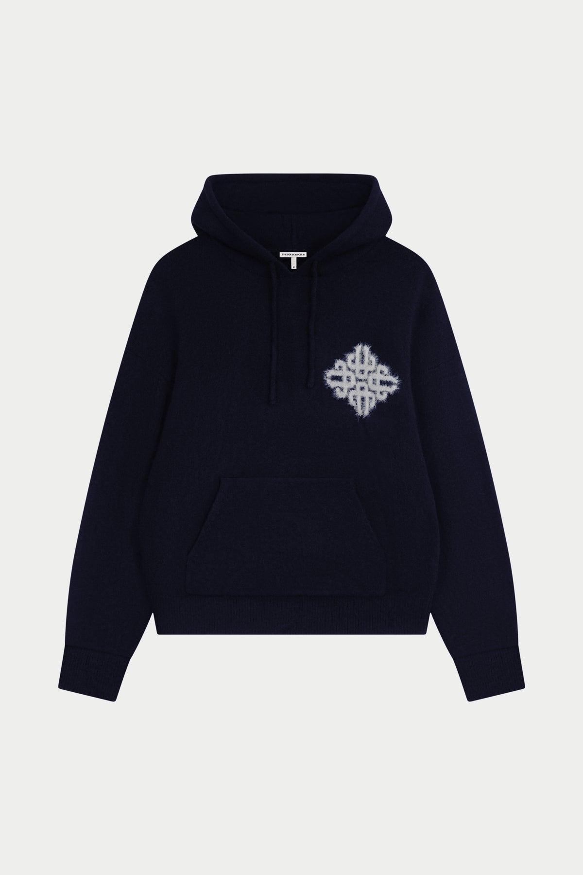 Emblem Fluffy Knit Hoodie in Navy – front flat lay showing the fluffy emblem