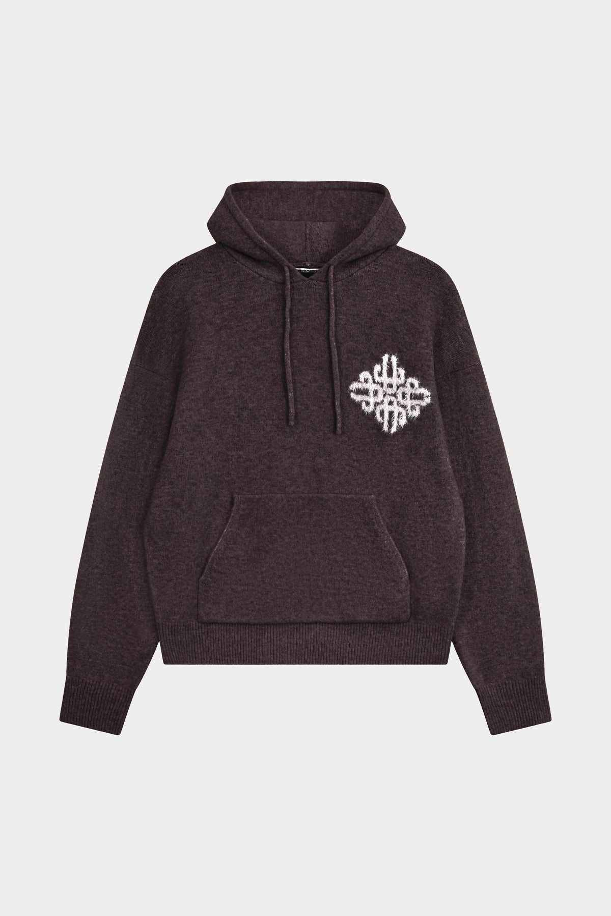 EMBLEM FLUFFY KNIT HOODIE - BROWN