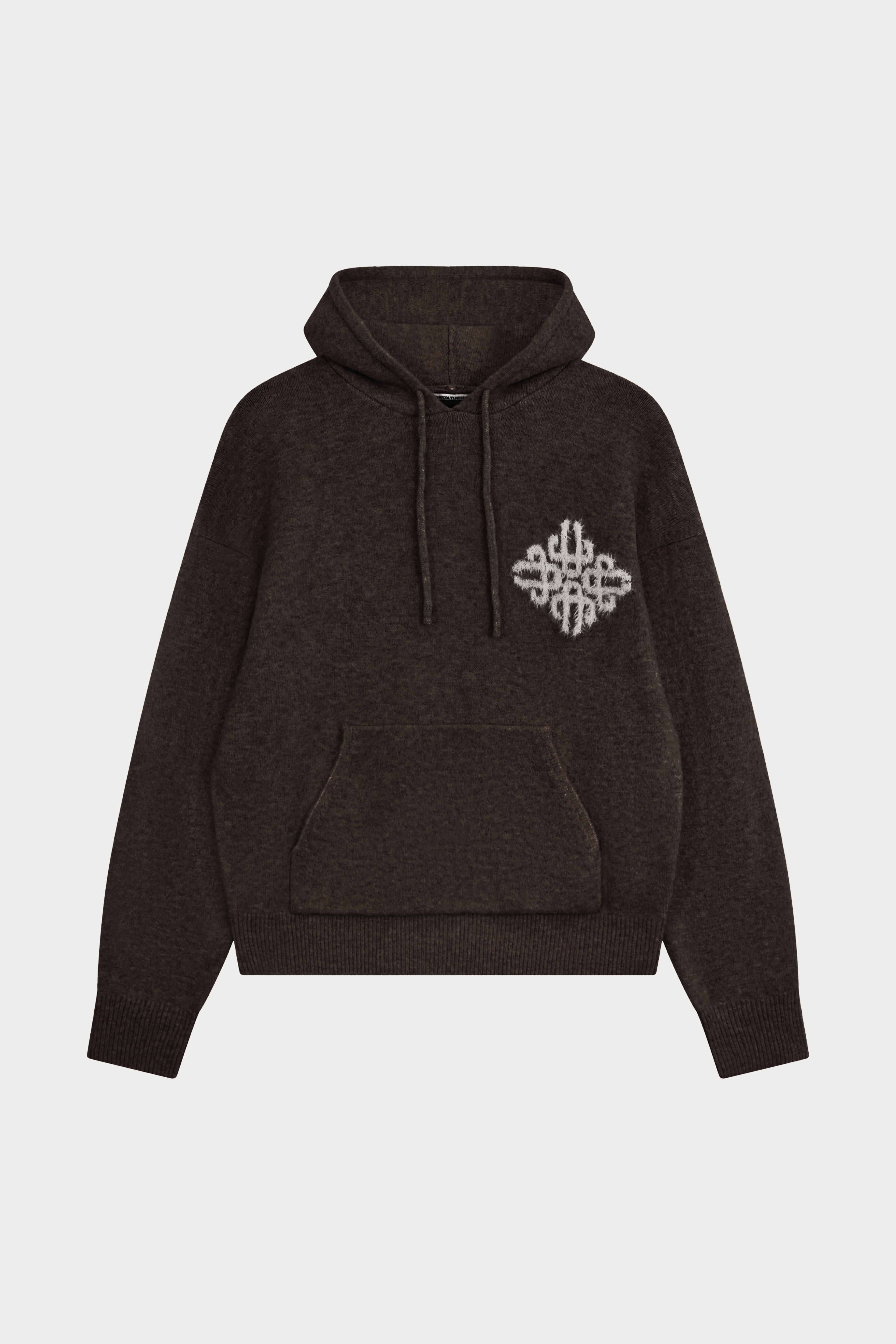 EMBLEM FLUFFY KNIT HOODIE - BROWN
