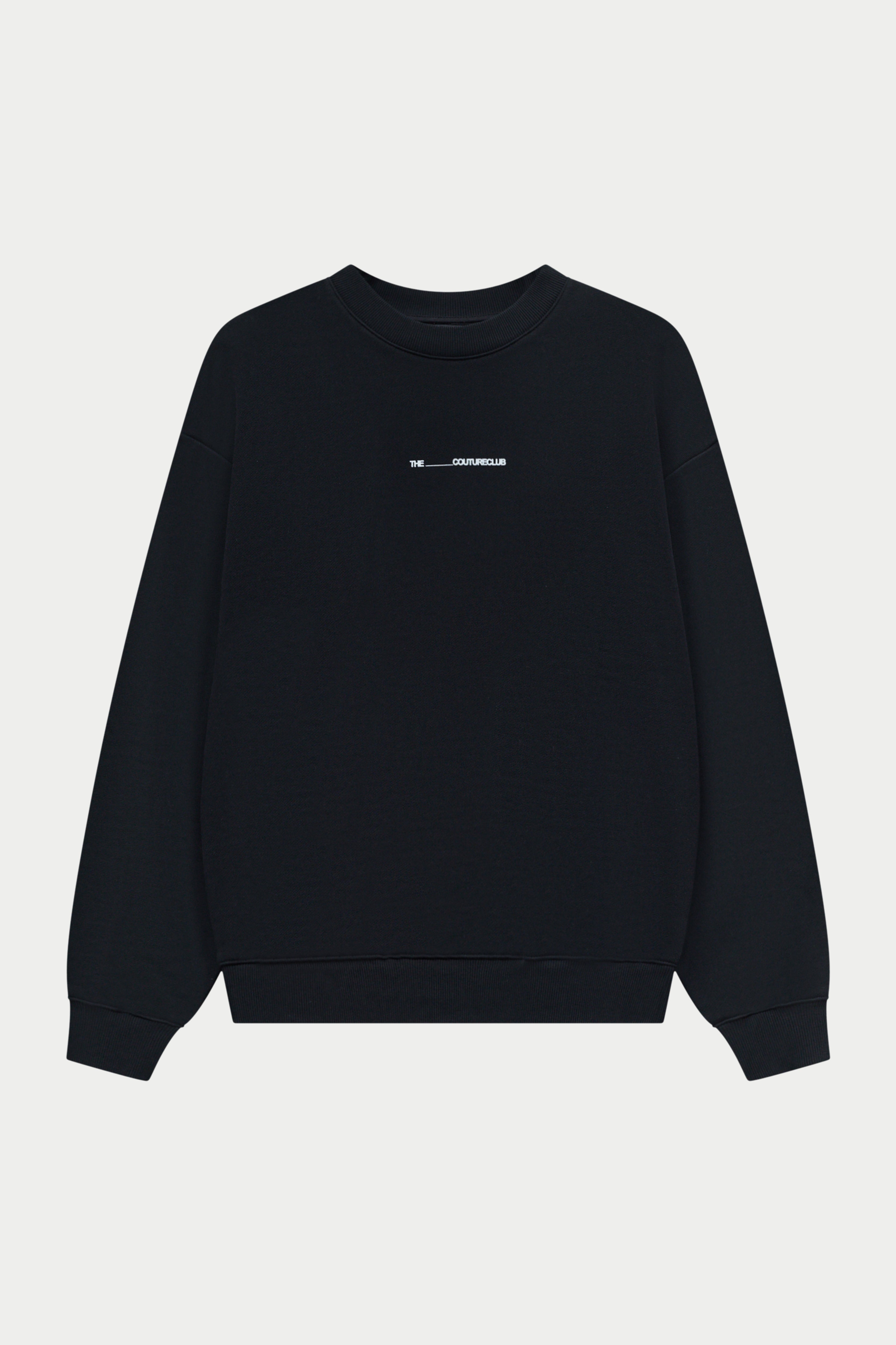 Black sweatshirt with a small logo on a white background