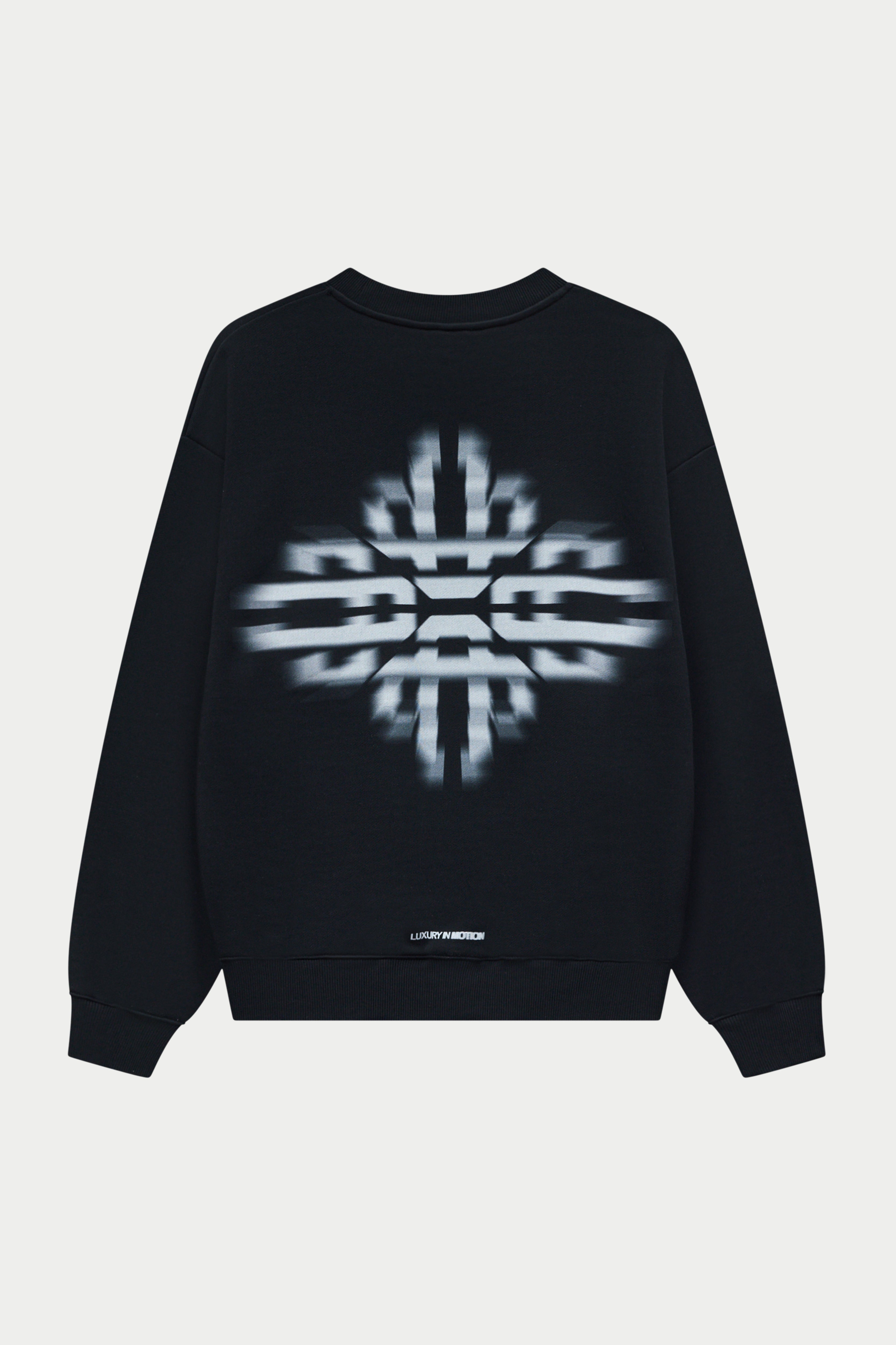 Black sweatshirt with a white branding design on a white background