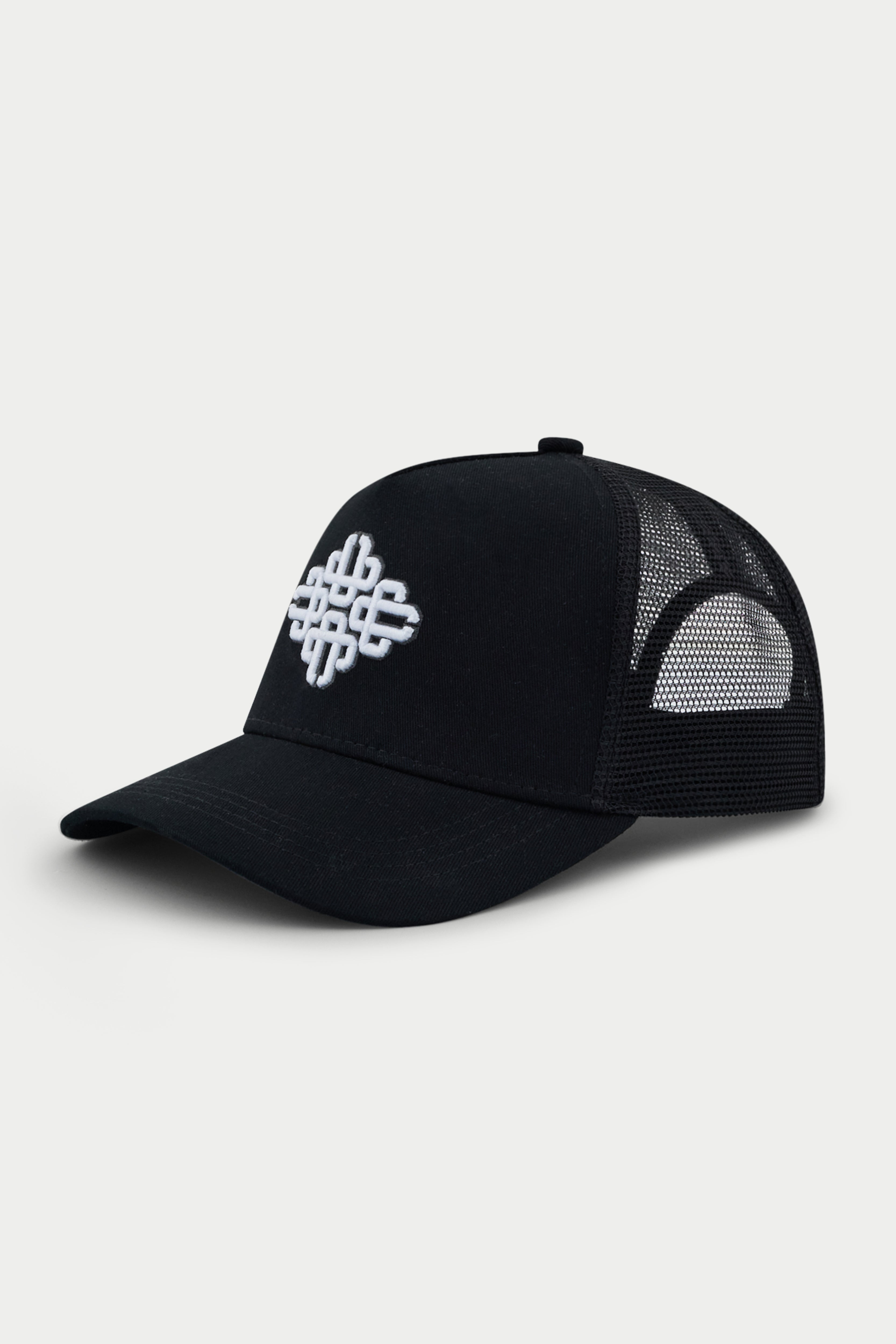 Black cap with a white logo on a white background