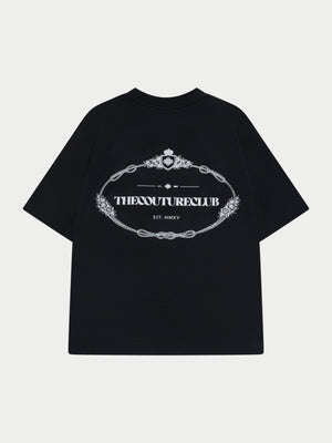 Black t-shirt with white graphic design and text on a white background
