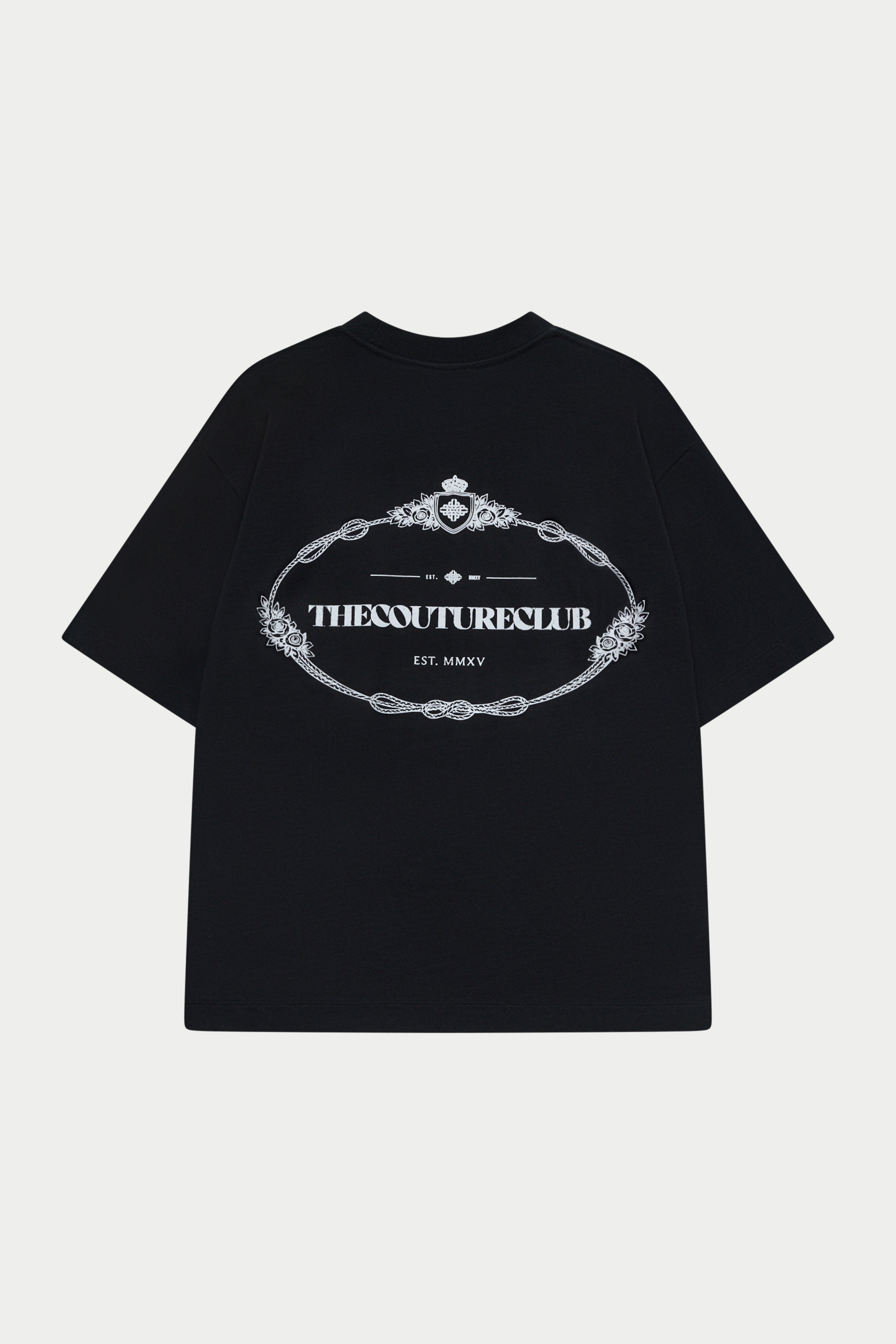 Black t-shirt with white graphic design and text on a white background