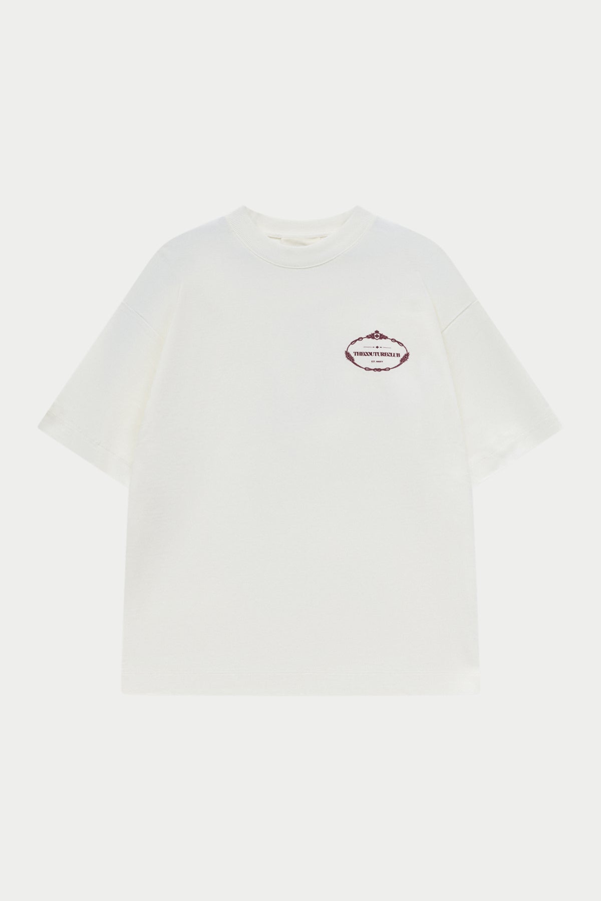 White t-shirt with a burgundy logo on a white background