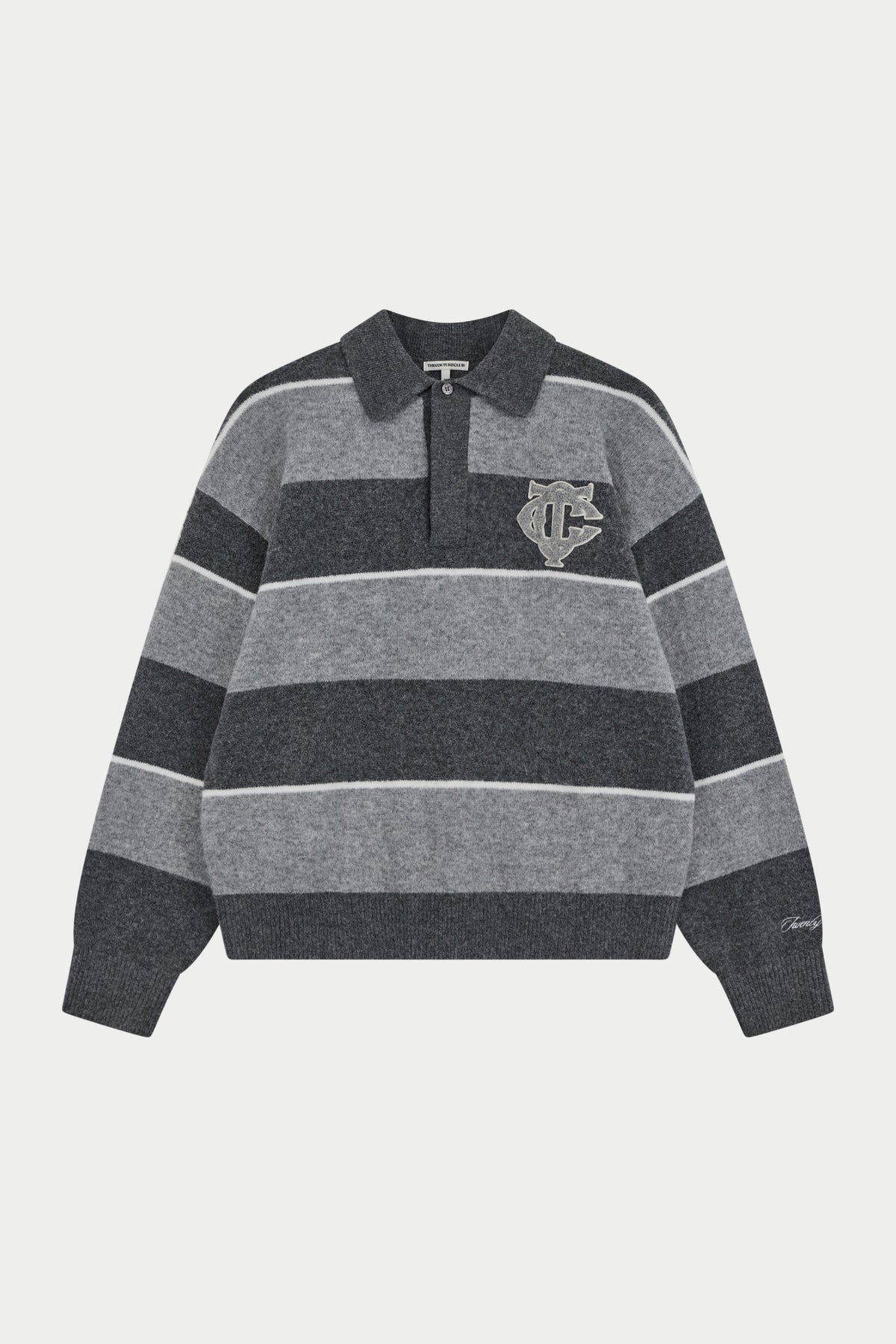 Striped Monogram Badge Knit Crew in Charcoal – front flat lay