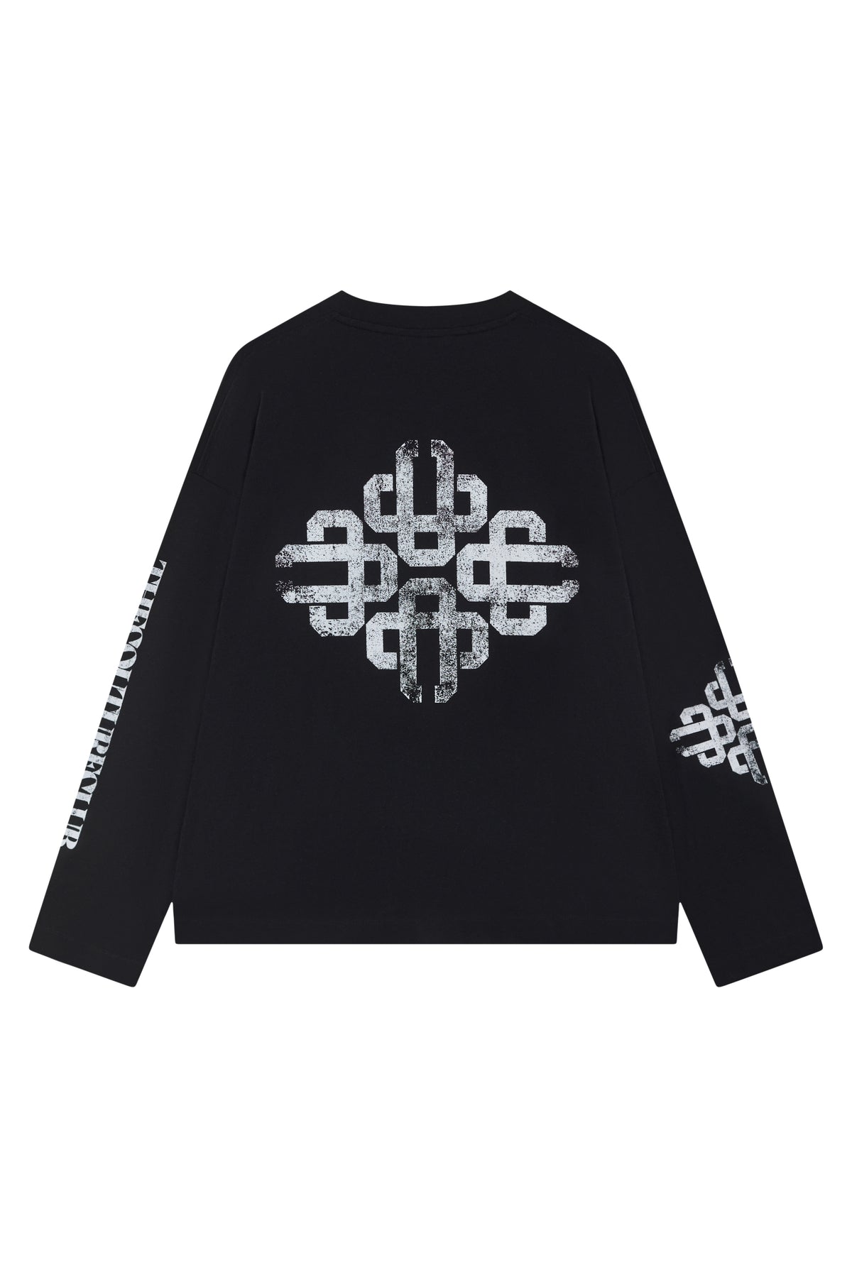 Men's Vintage Copyright Print Long Sleeve T-Shirt in Black White – flat lay back view showing the large emblem print