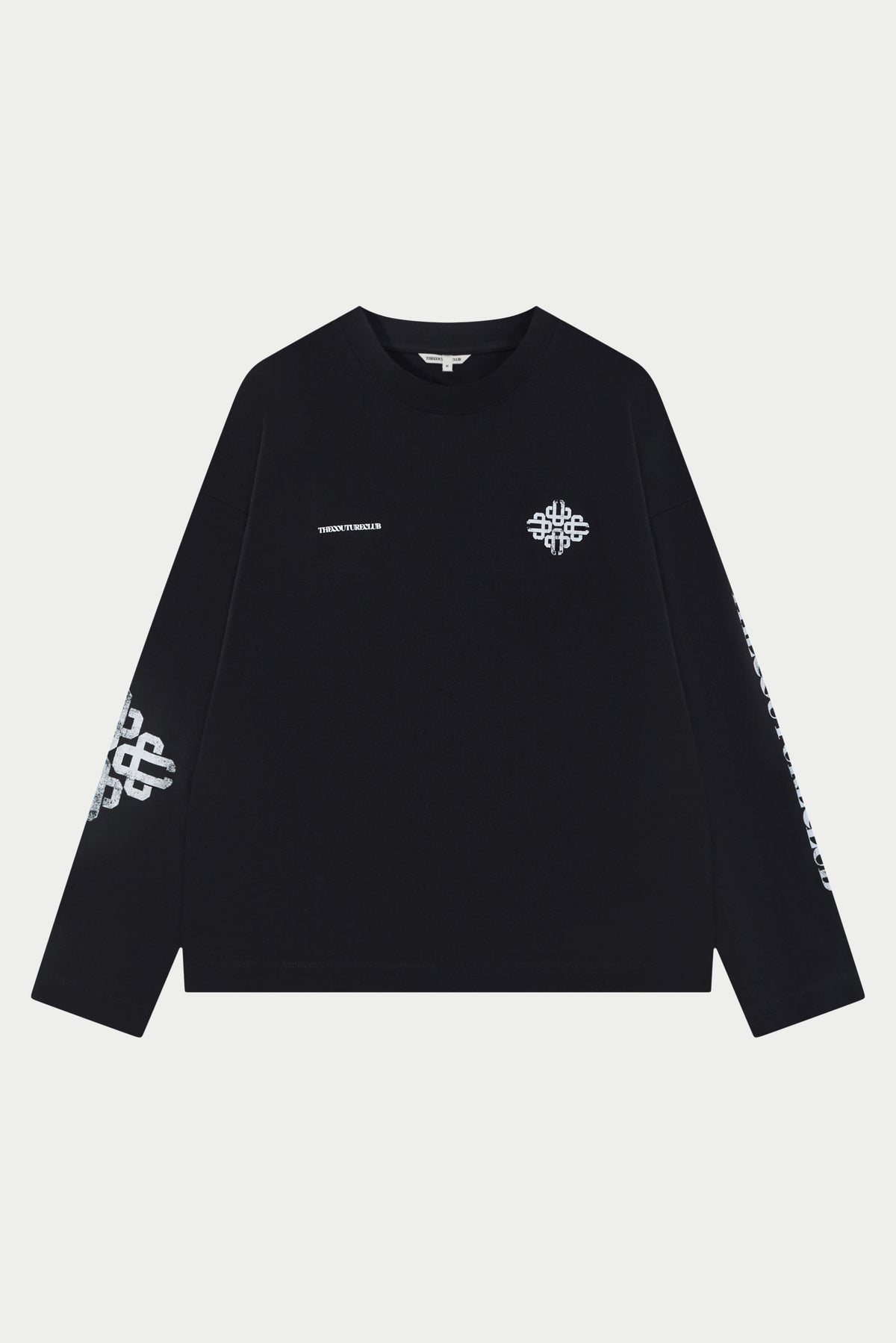 Men's Vintage Copyright Print Long Sleeve T-Shirt in Black White – flat lay front view