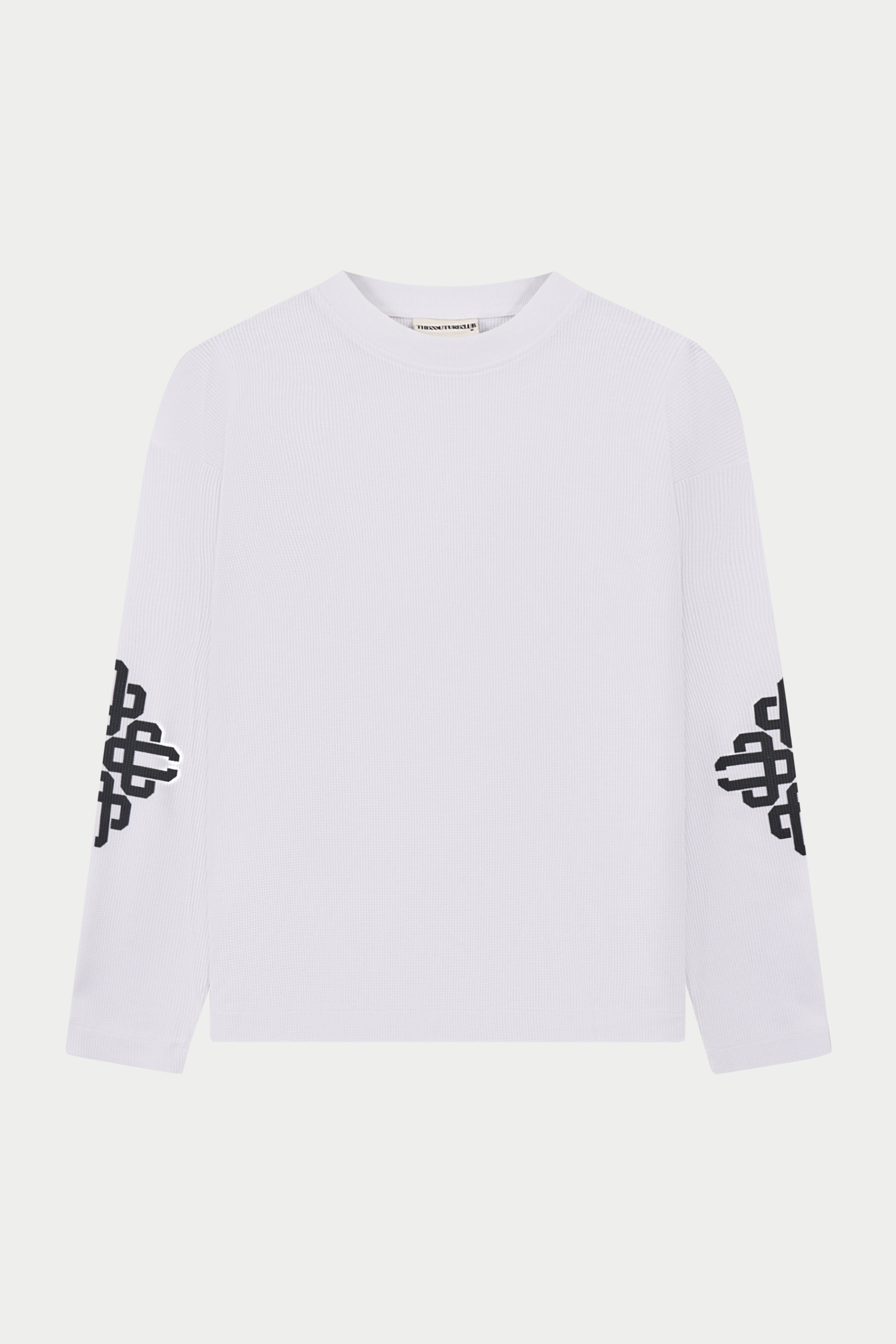 White long sleeved t-shirt with black logos on sleeves on a white background