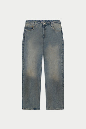 VINTAGE WASHED EMBLEM STRAIGHT LEG JEANS - BLUE WASH
