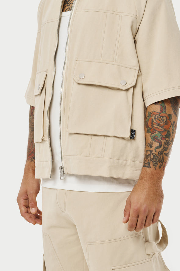 RELAXED CARGO CONTRAST STITCH OVERSHIRT - LIGHT BEIGE