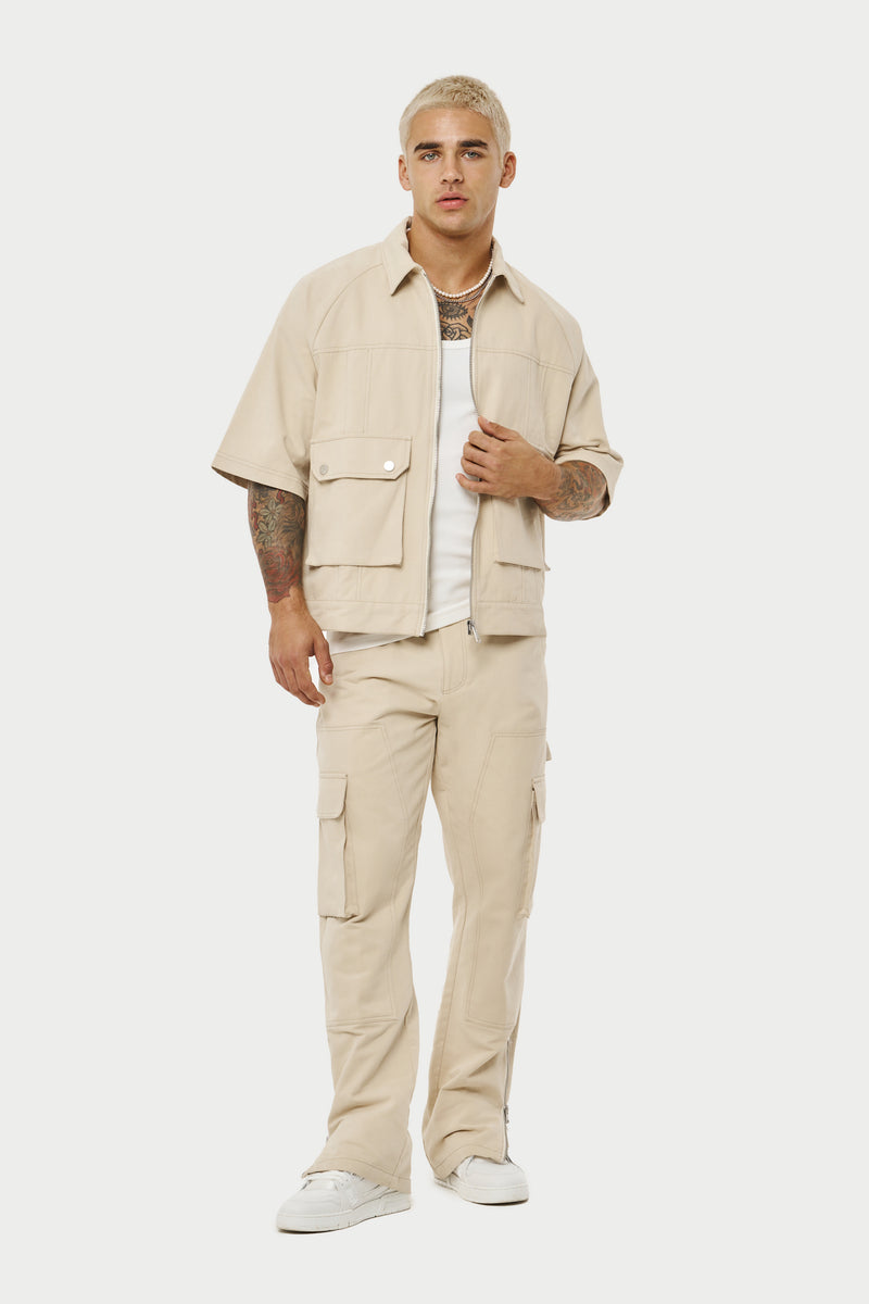 RELAXED CARGO CONTRAST STITCH OVERSHIRT - LIGHT BEIGE