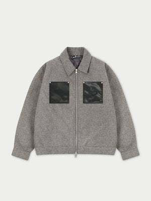 FAUX LEATHER PATCH POCKET WOOL SHACKET - GREY