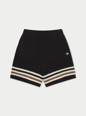 STRIPE TRIM CROCHET KNITTED SHORTS - BLACK