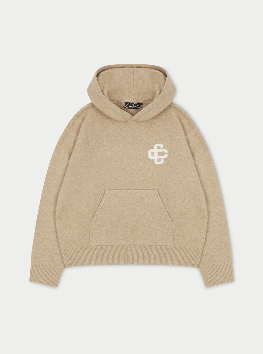 FLUFFY KNIT EMBLEM HOODIE - BEIGE – The Couture Club