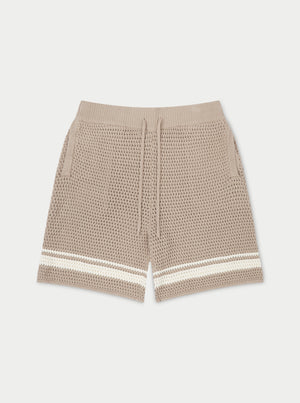 CROCHET KNITTED CONTRAST STRIPE SHORTS - BROWN
