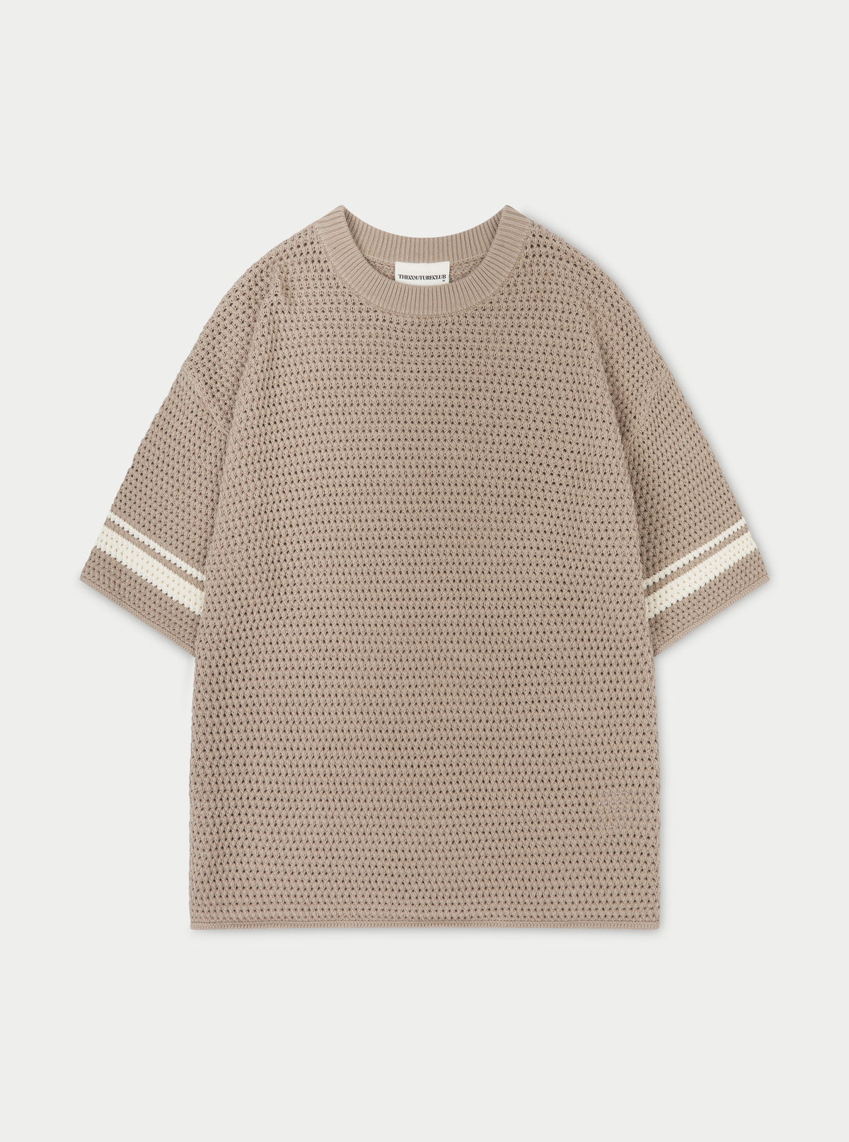Crochet Knitted Contrast Stripe T-Shirt - Grey