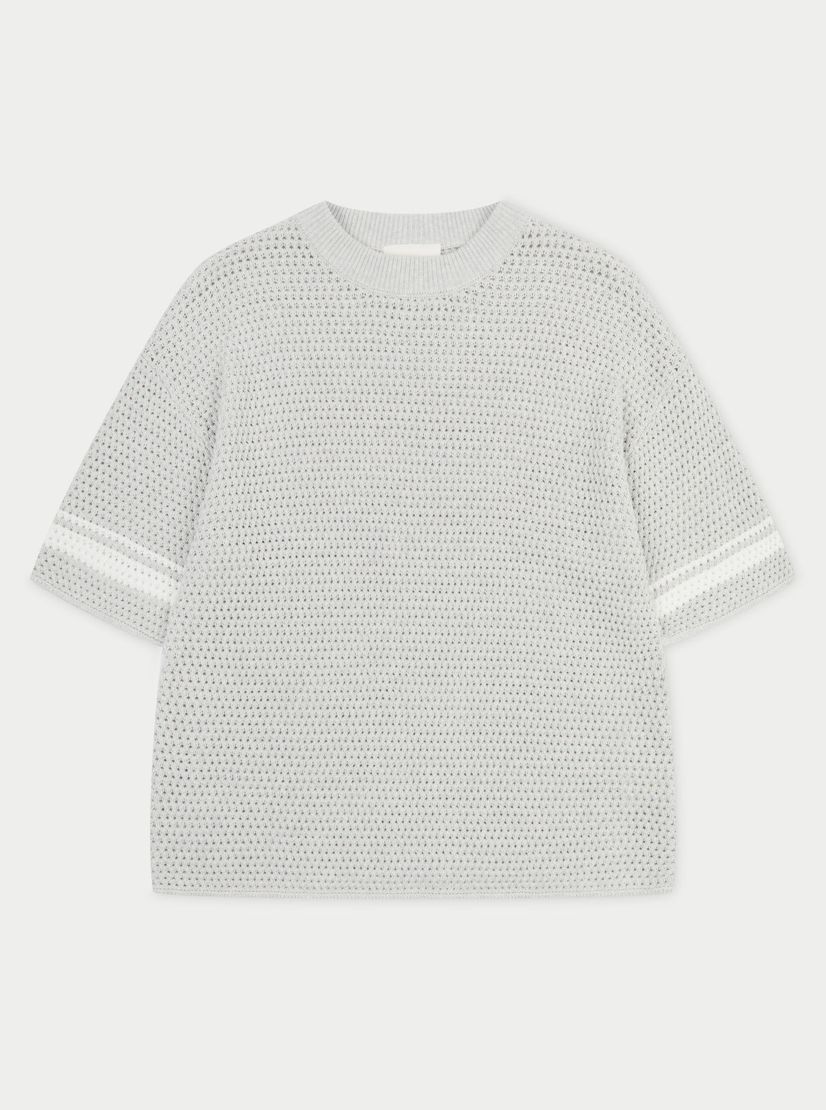CROCHET KNITTED CONTRAST STRIPE T-SHIRT - GREY
