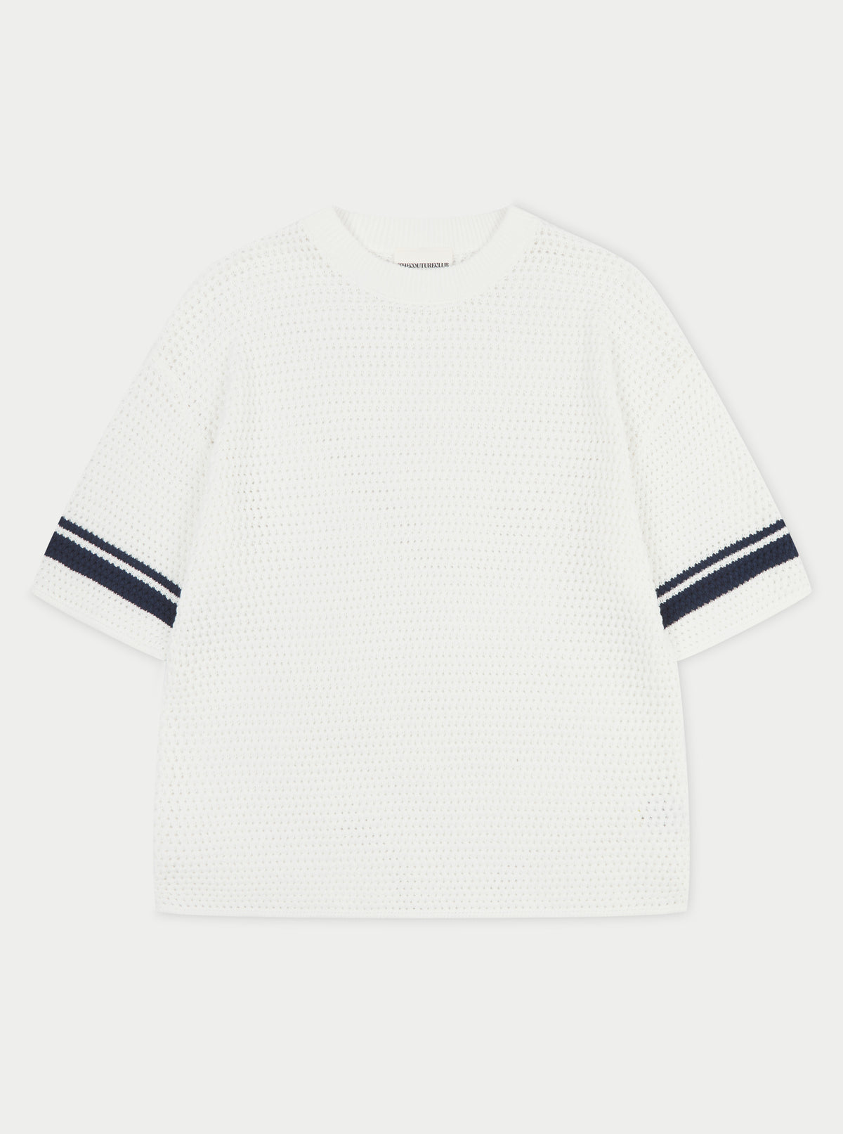 CROCHET KNITTED CONTRAST STRIPE T-SHIRT - WHITE