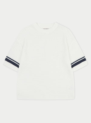 CROCHET KNITTED CONTRAST STRIPE T-SHIRT - WHITE