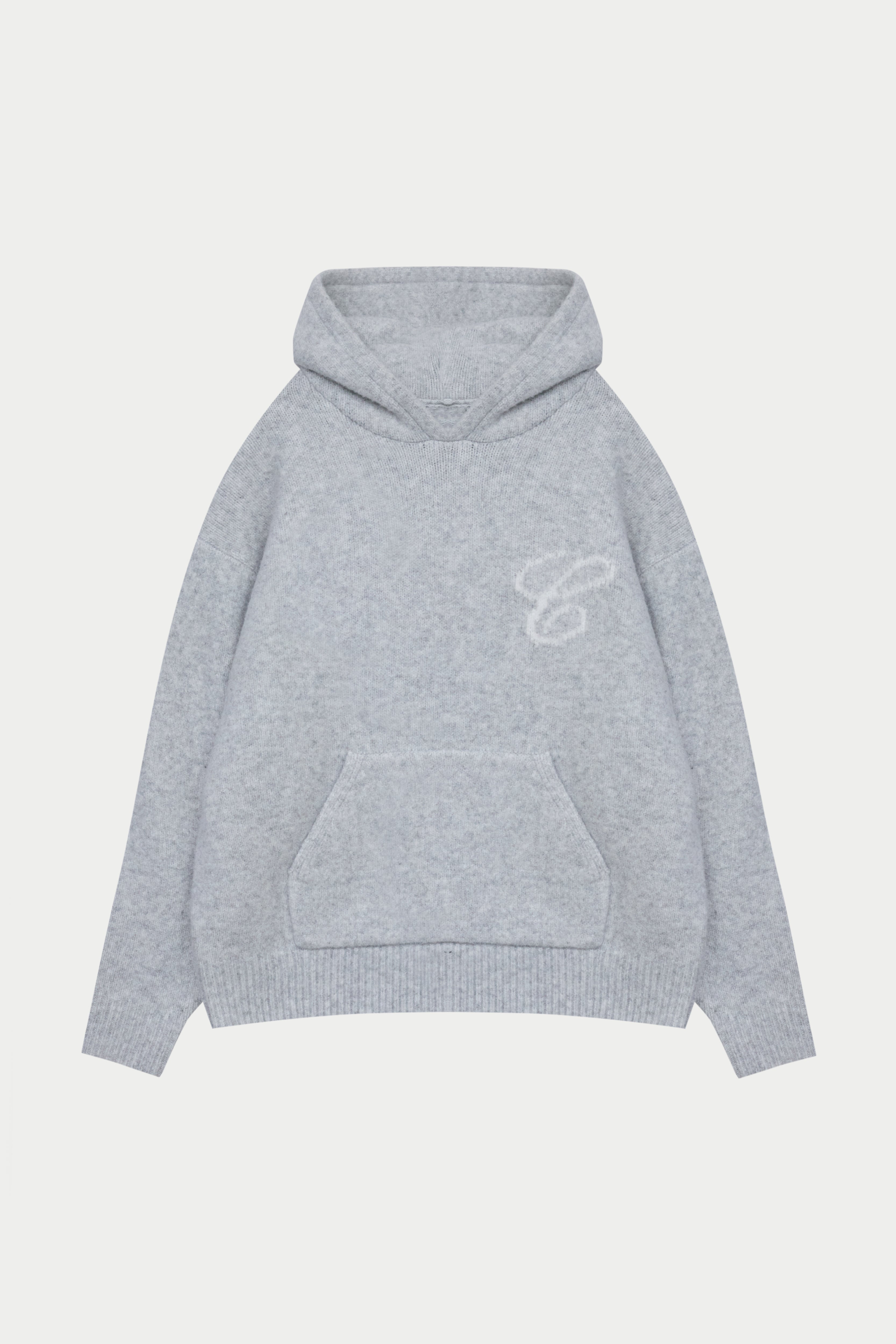 SCRIPT LOGO GRAPHIC KNITTED HOODIE - GREY MARL
