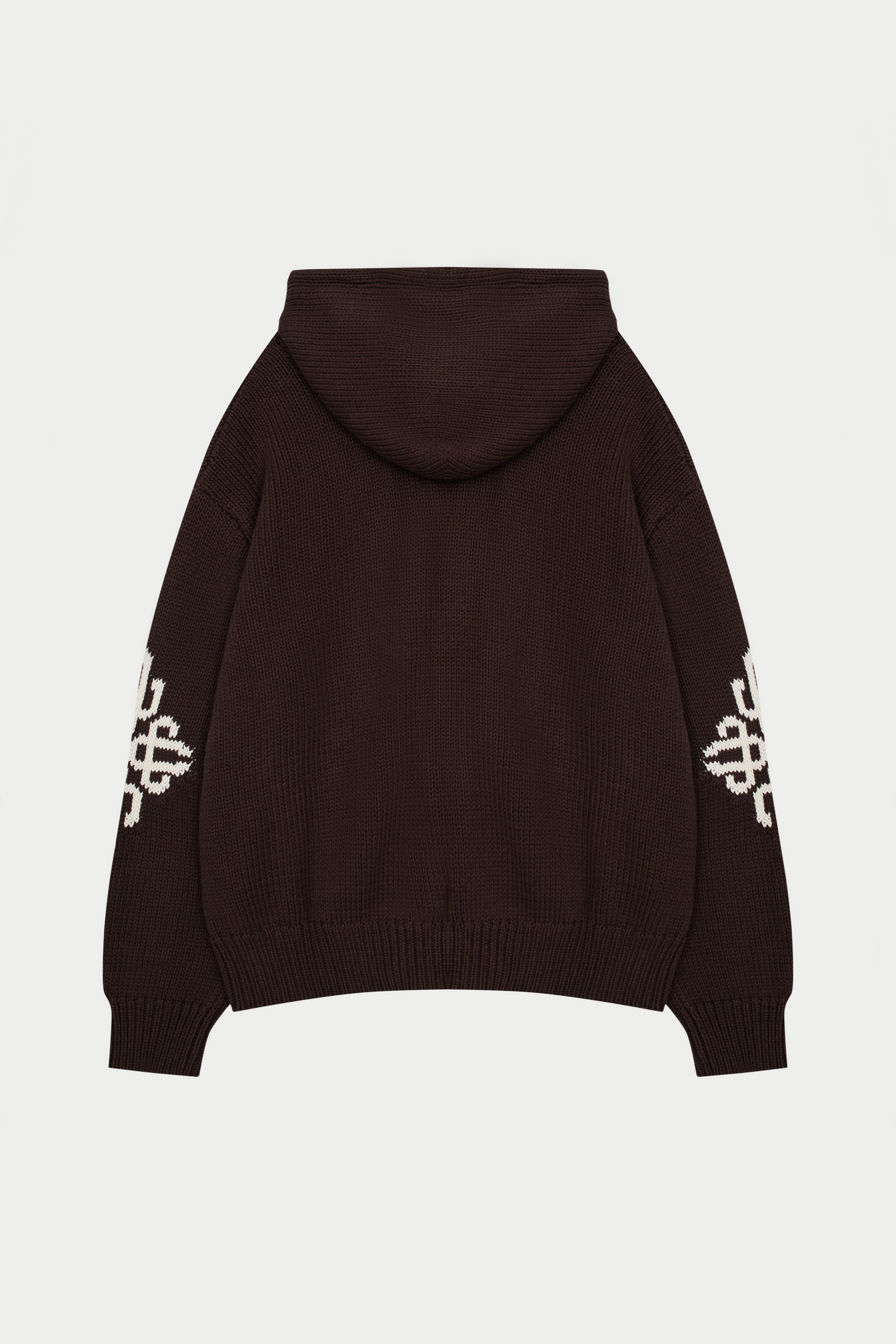 CHUNKY KNIT EMBLEM ZIP THROUGH HOODIE - CHOCOLATE