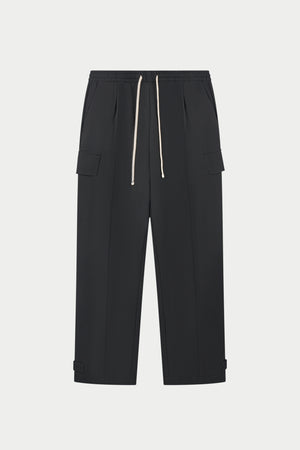 PLEATED WIDE LEG WOOL BLEND TROUSERS - BLACK